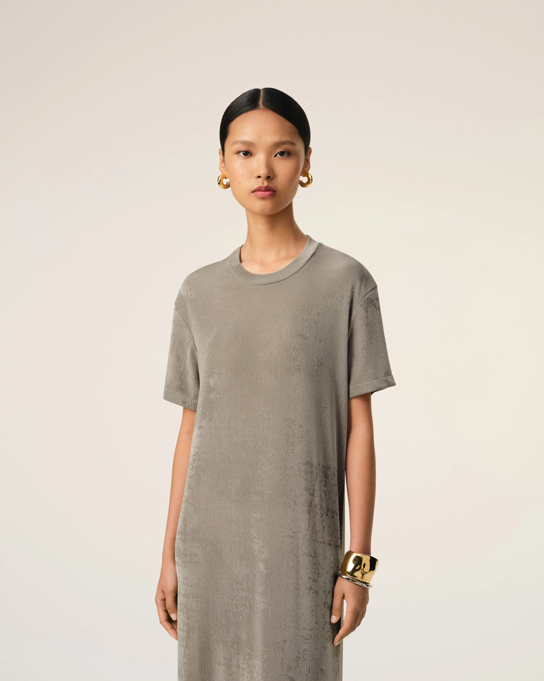 Beige Rib Jersey Short Sleeve Long Dress