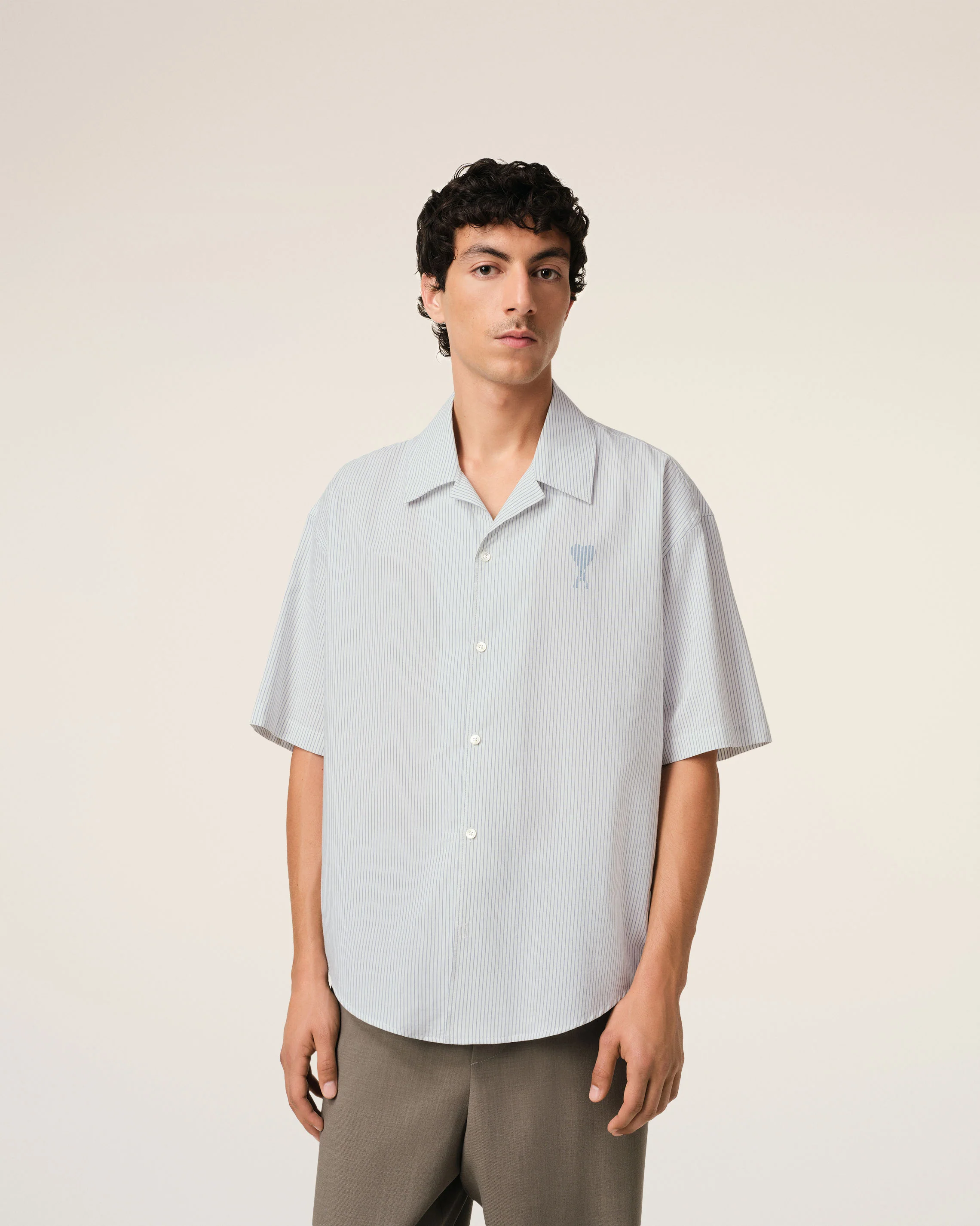Blue Cotton Camp Collar Short Sleeves Shirt