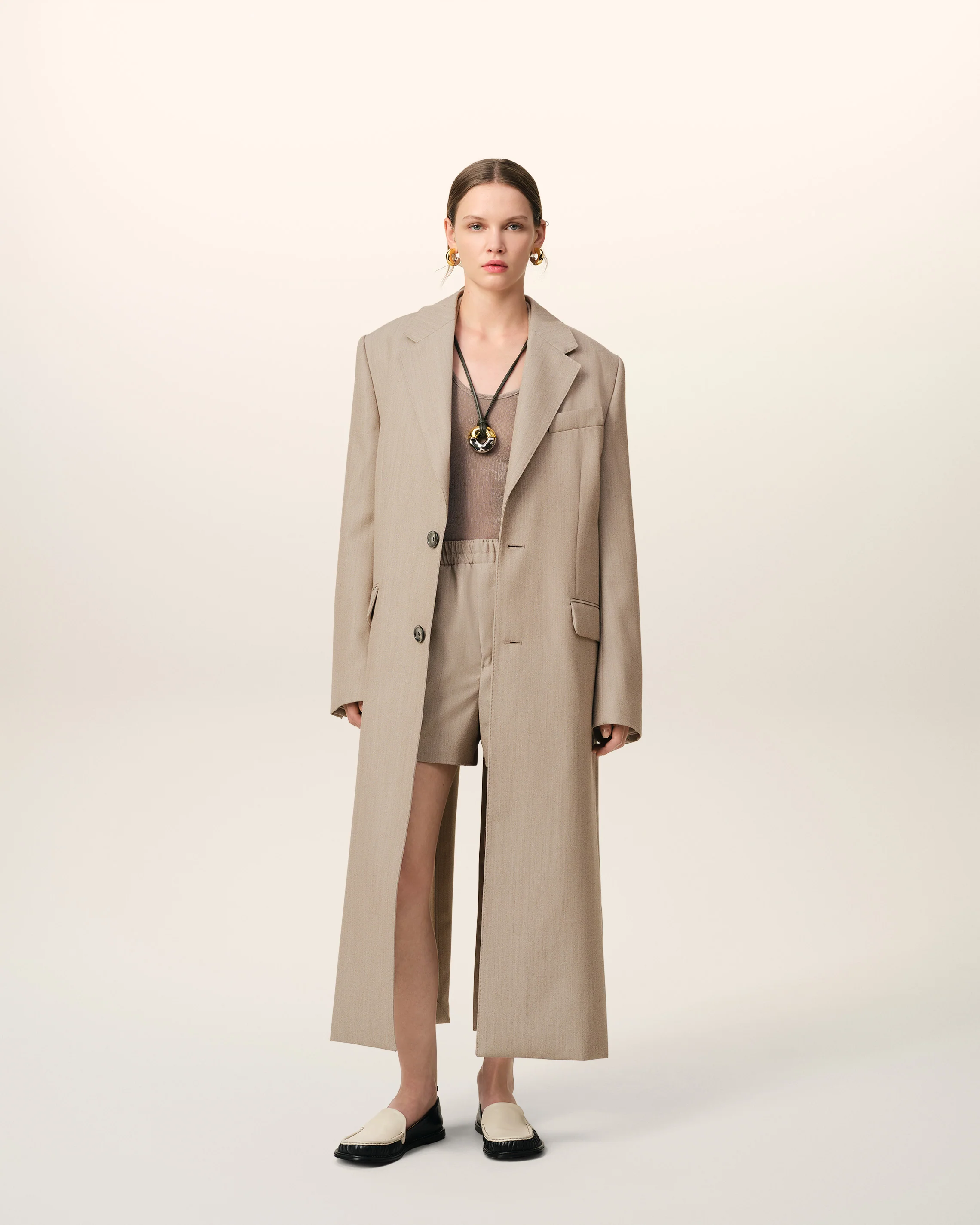 Beige Wool Back Slit Long Coat