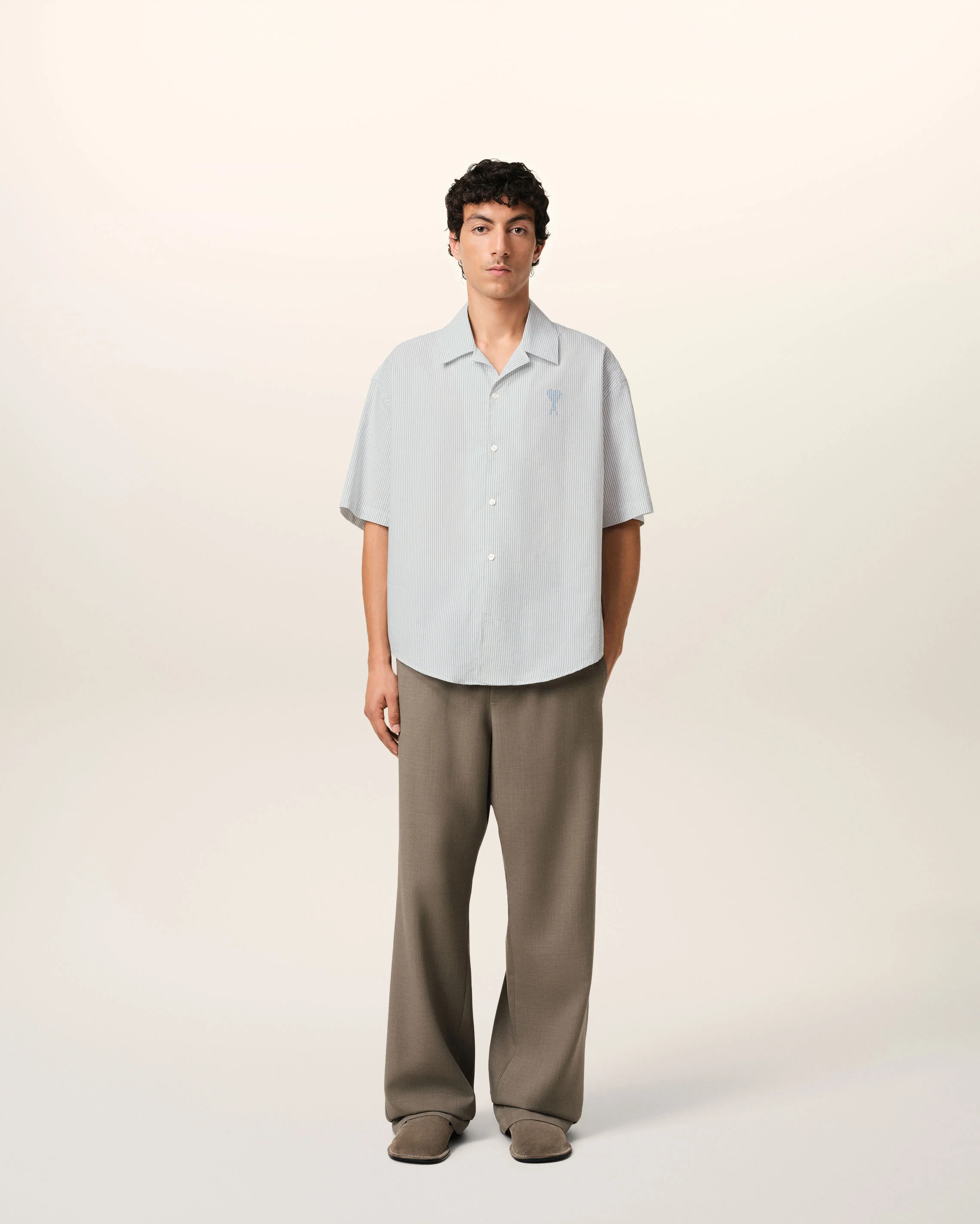 Blue Cotton Camp Collar Short Sleeves Shirt