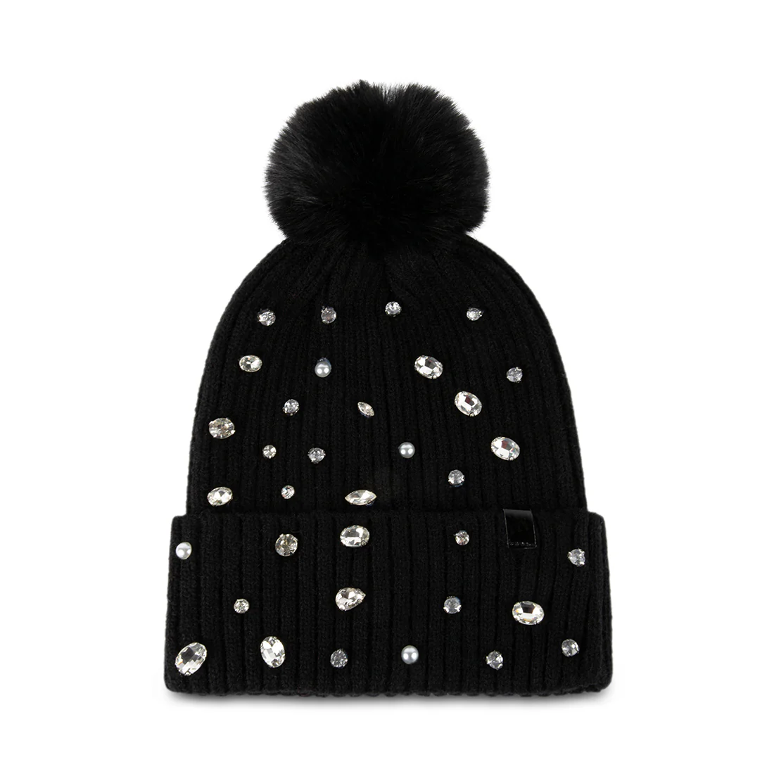 RHINESTONE RIB POM BEANIE BLACK