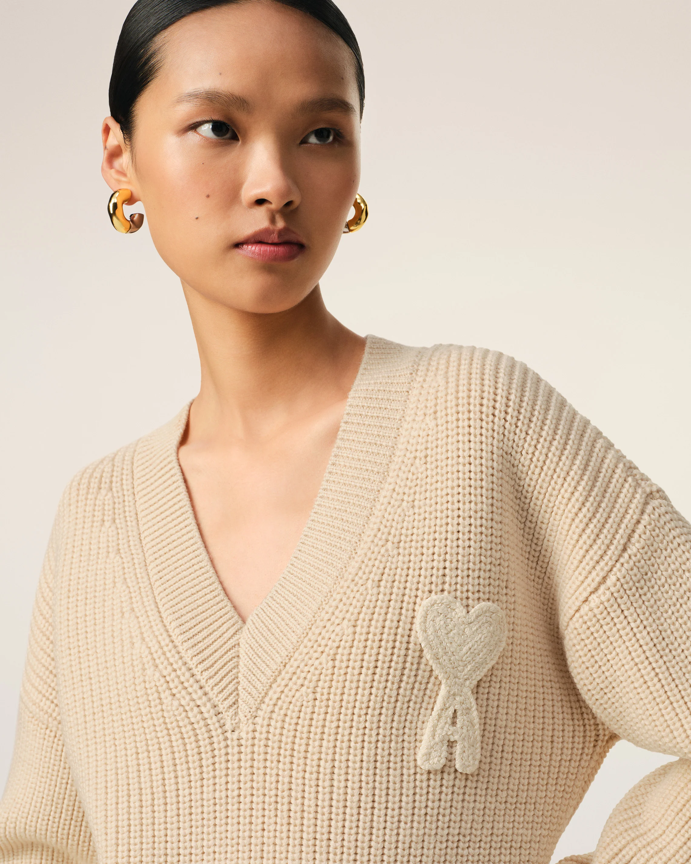 Beige Wool Ribbed V Neck Sweater