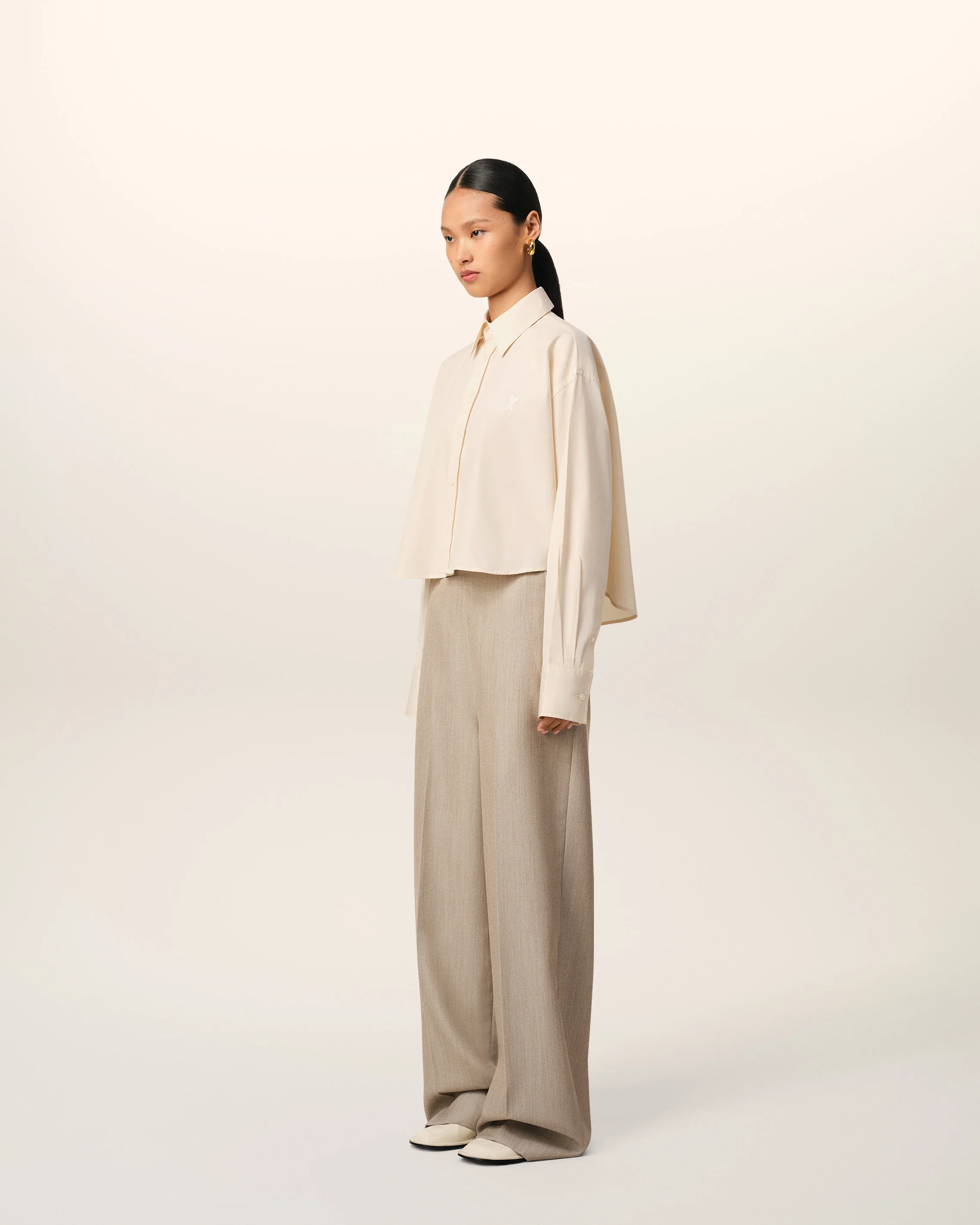 Beige Cotton Cropped Oversized Shirt