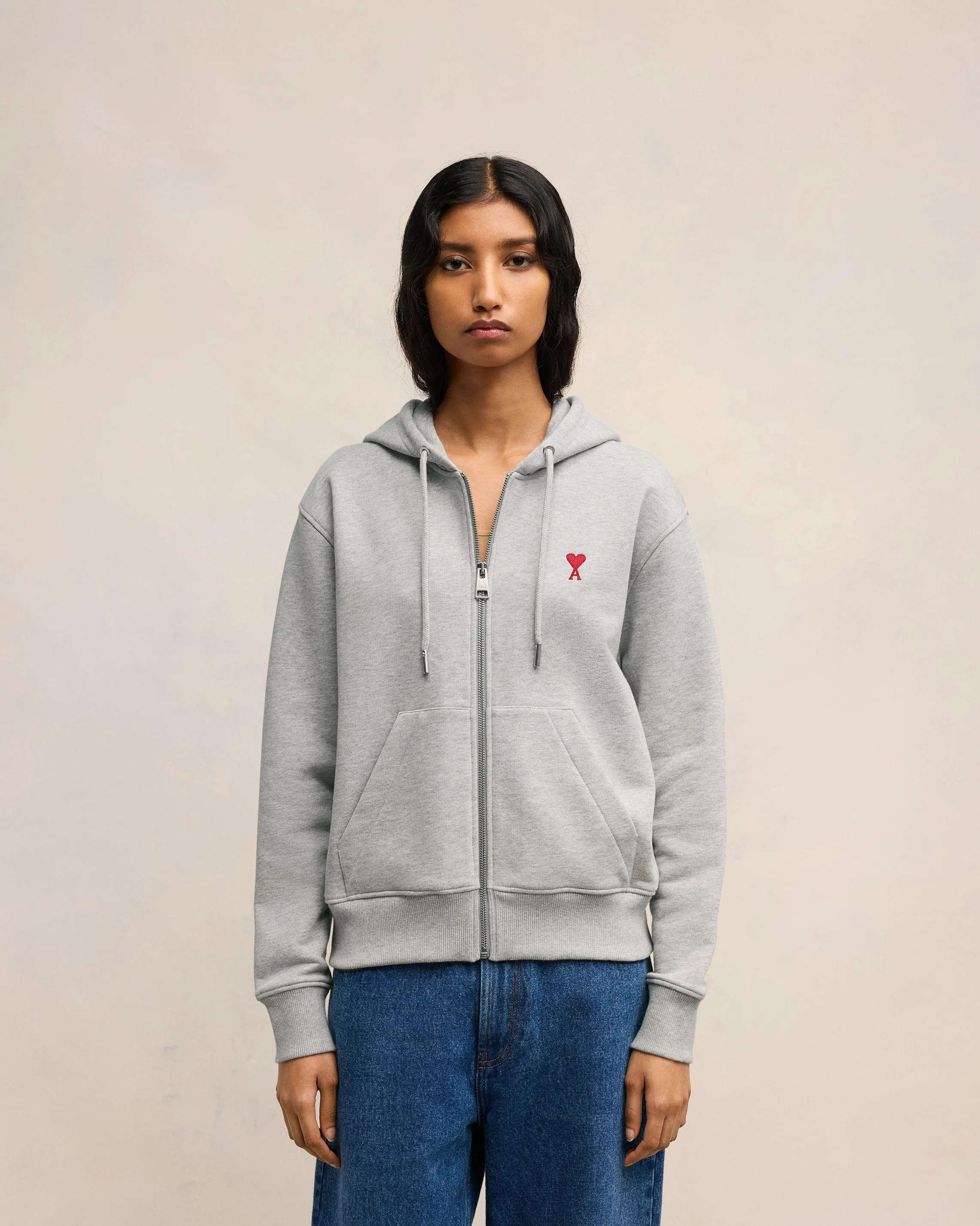 Grey Cotton Ami de Coeur Zipped Hoodie
