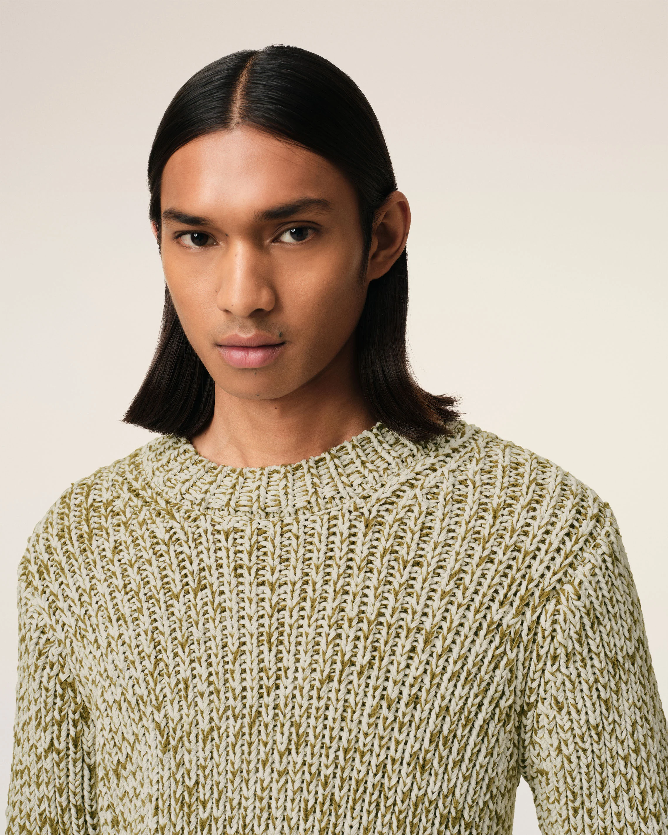 Green Mouliné Textured Knit Crewneck Sweater