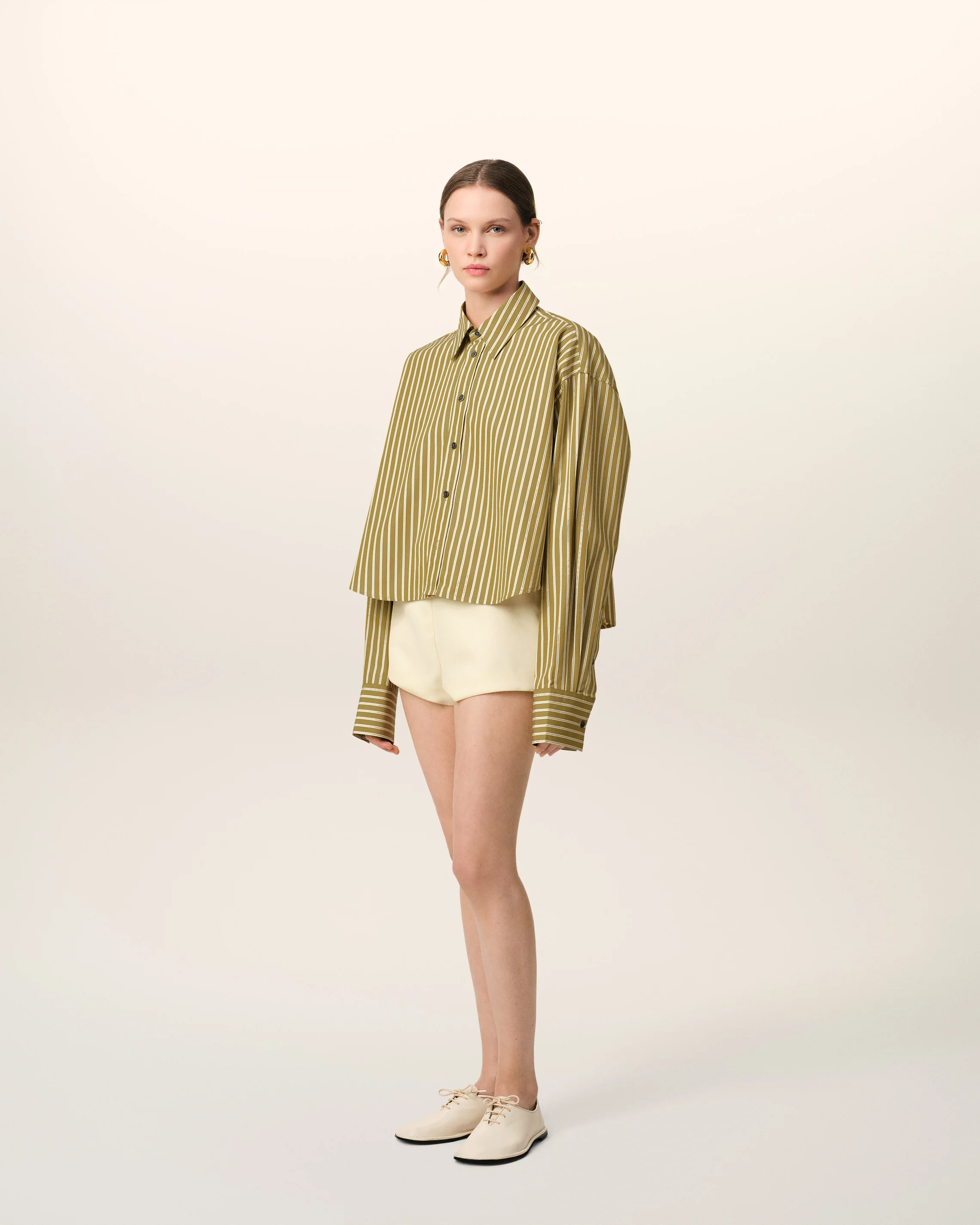 Khaki Cotton Cropped Oversized Shirt