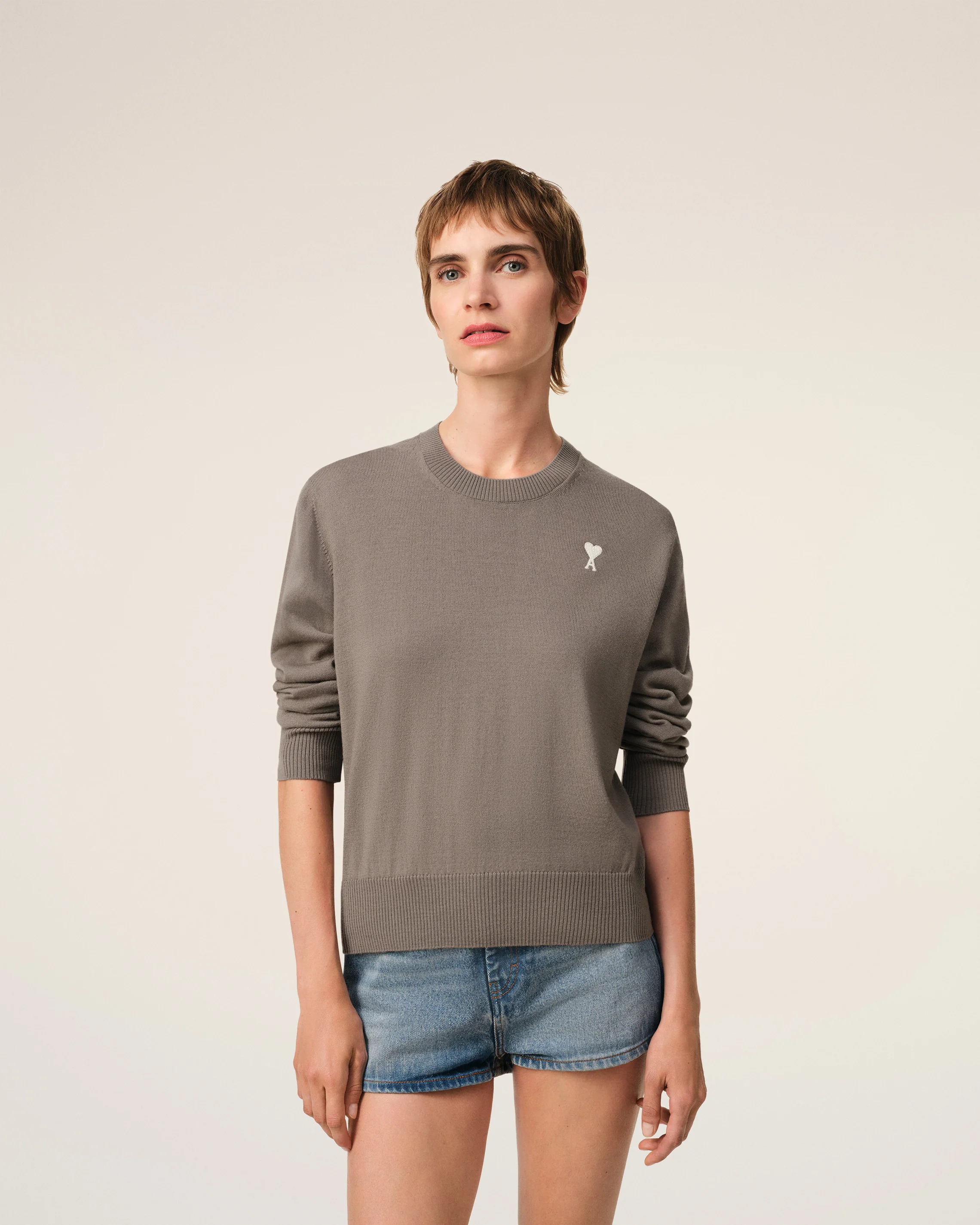 Beige Wool Ami de Coeur Crew Neck Sweater