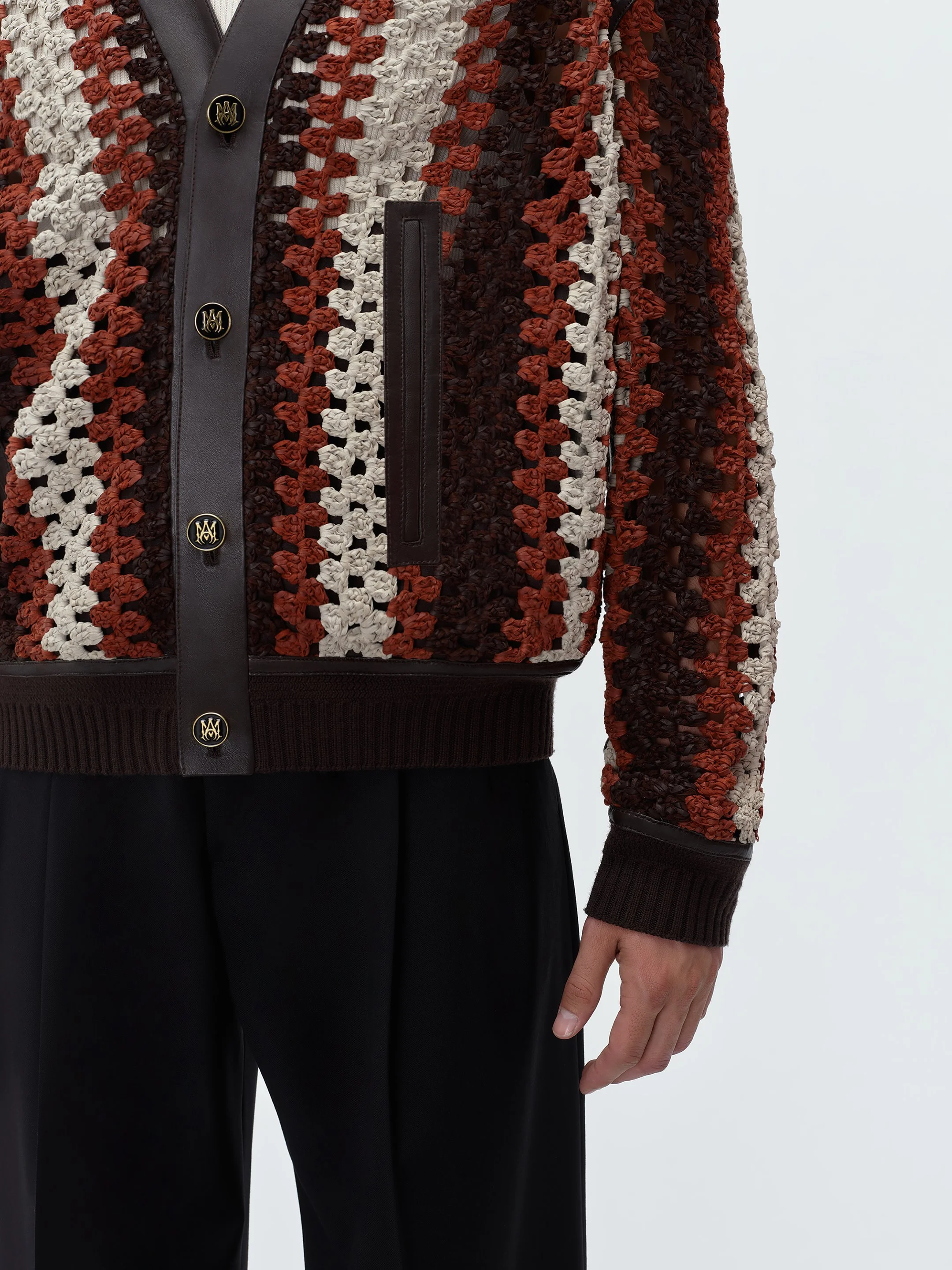 CROCHET KNIT LEATHER CARDIGAN - Shaved Chocolate