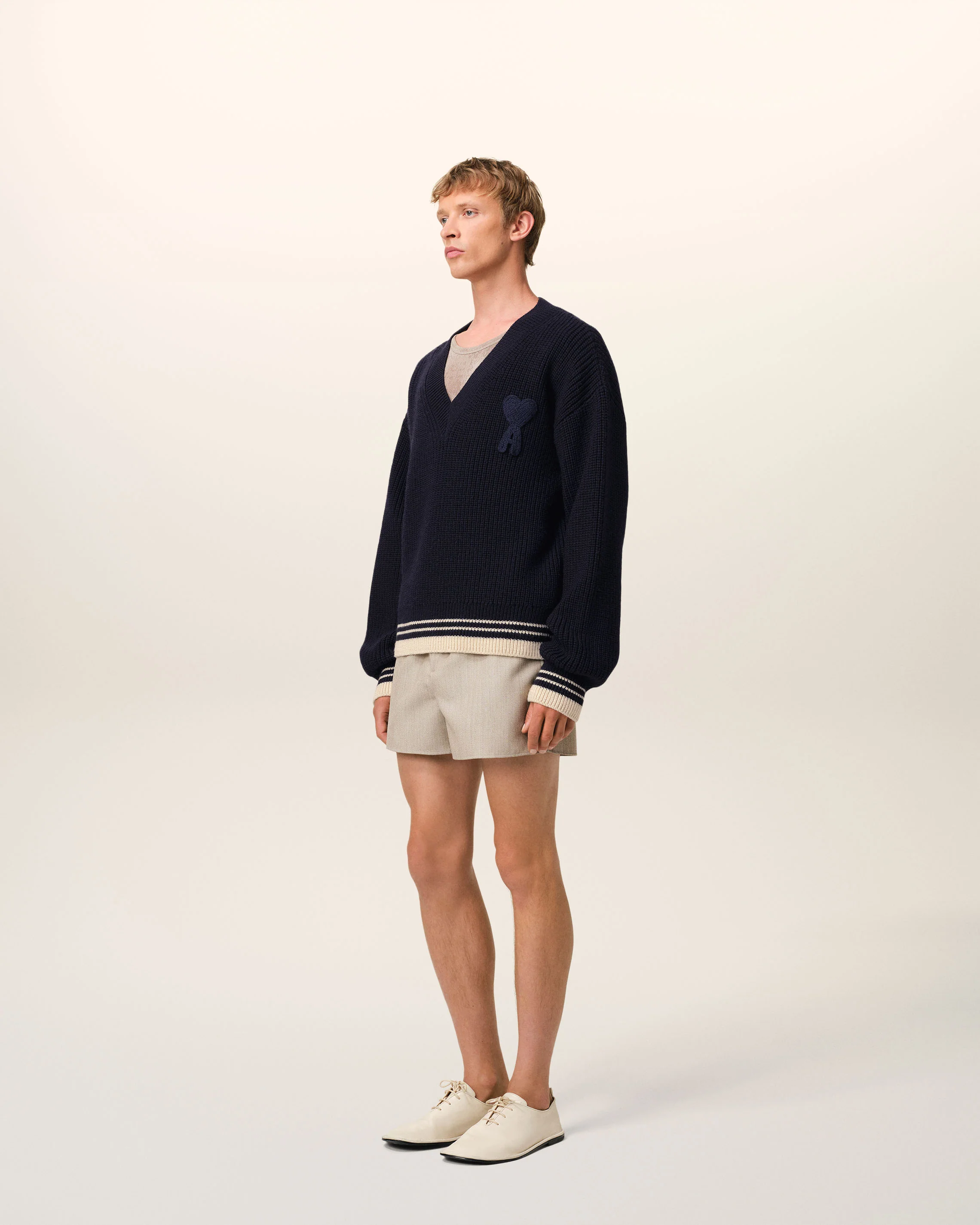 Navy Wool Ribbed V Neck Sweater