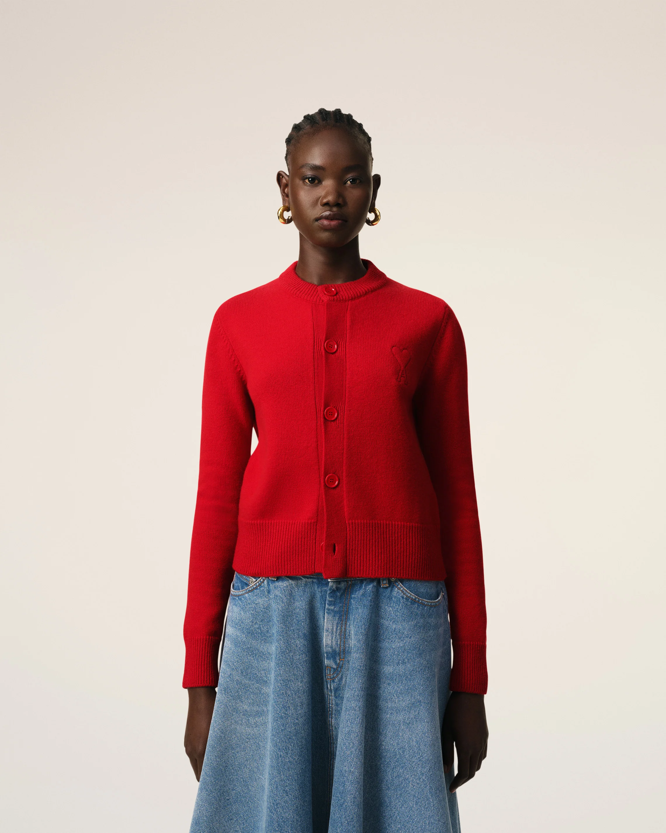 Red Wool Knit Ami de Coeur Crewneck Cardigan