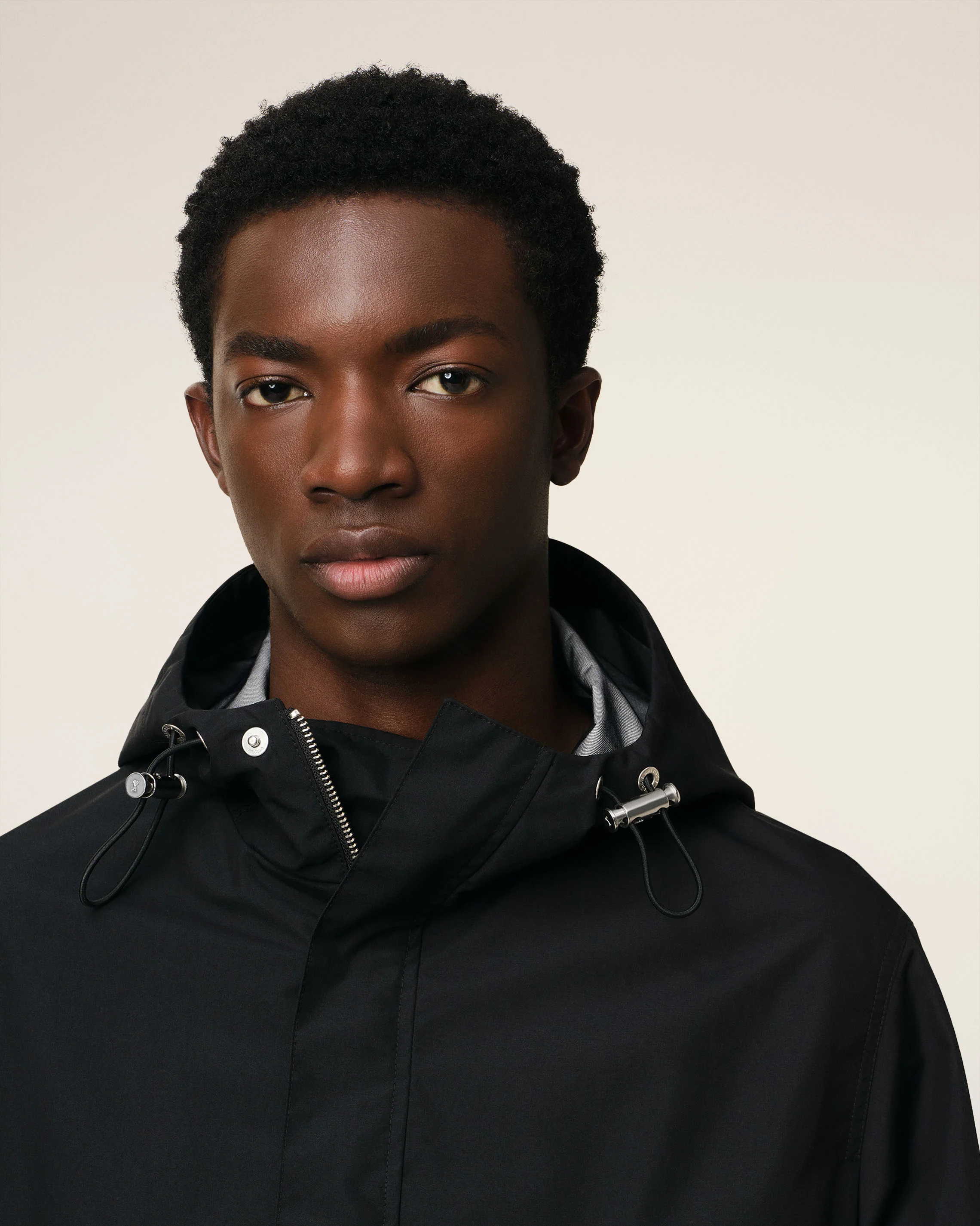 Black Water-repellent Long Hooded Windbreaker