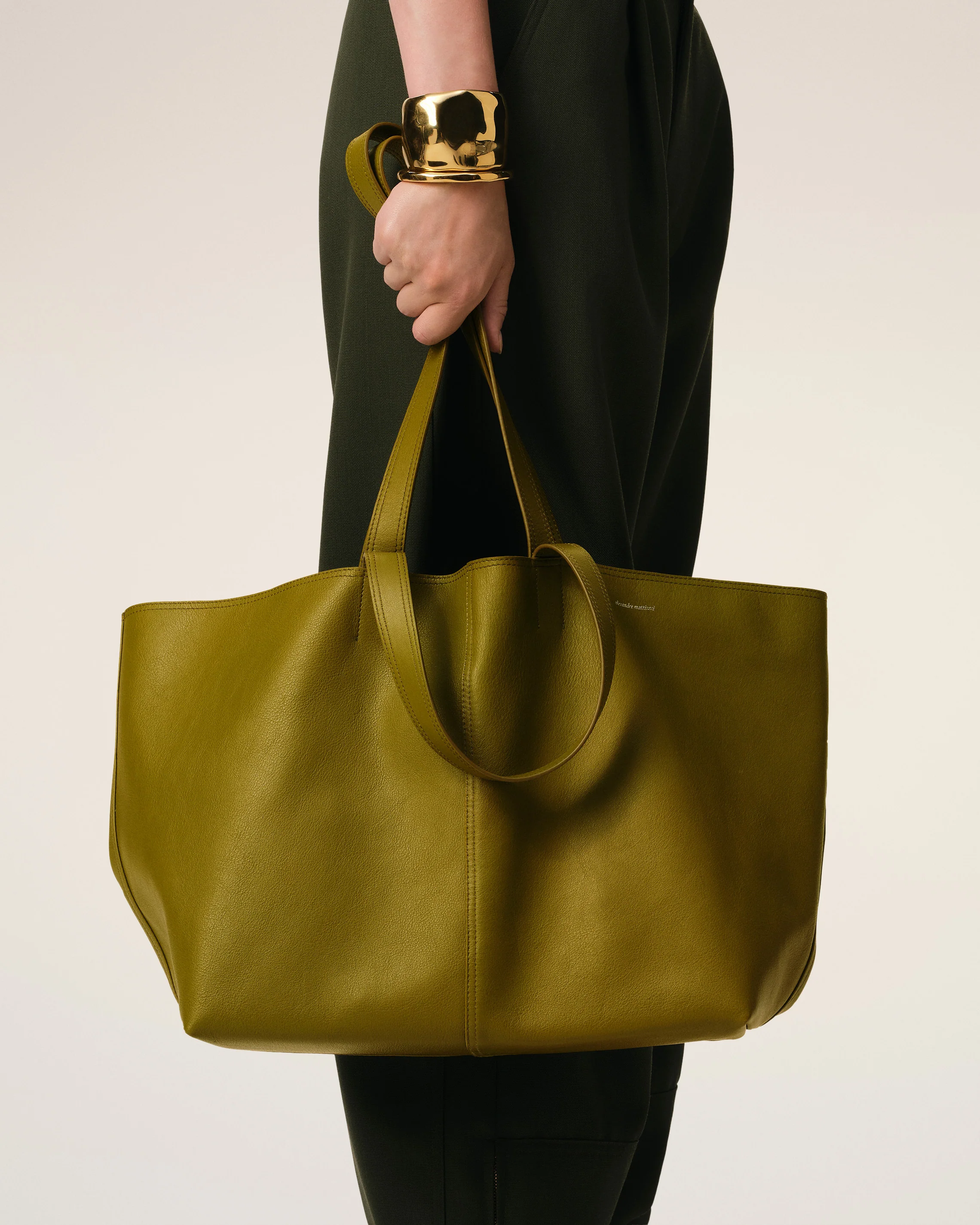 Khaki Leather Midi Tote Bag