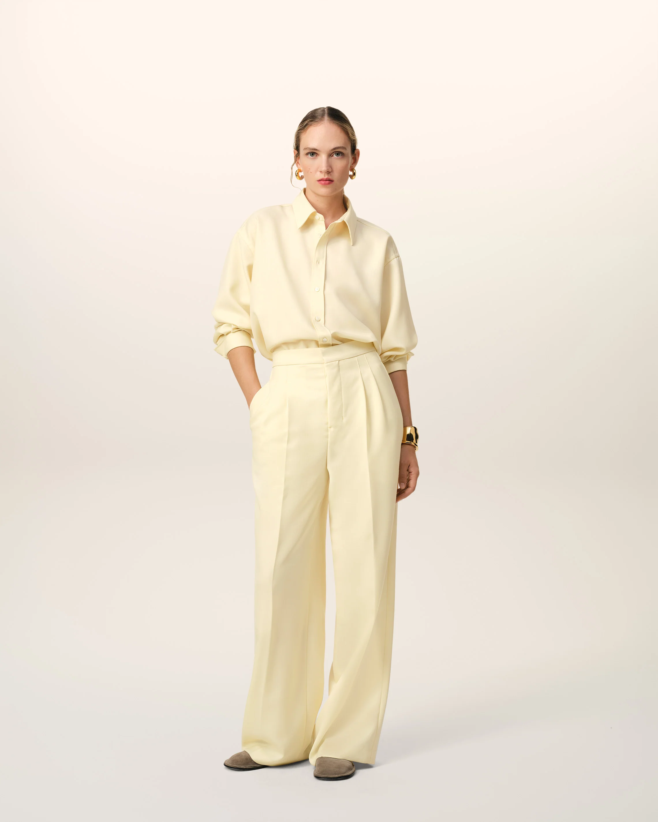 Yellow Wool High Waist Large Trousers