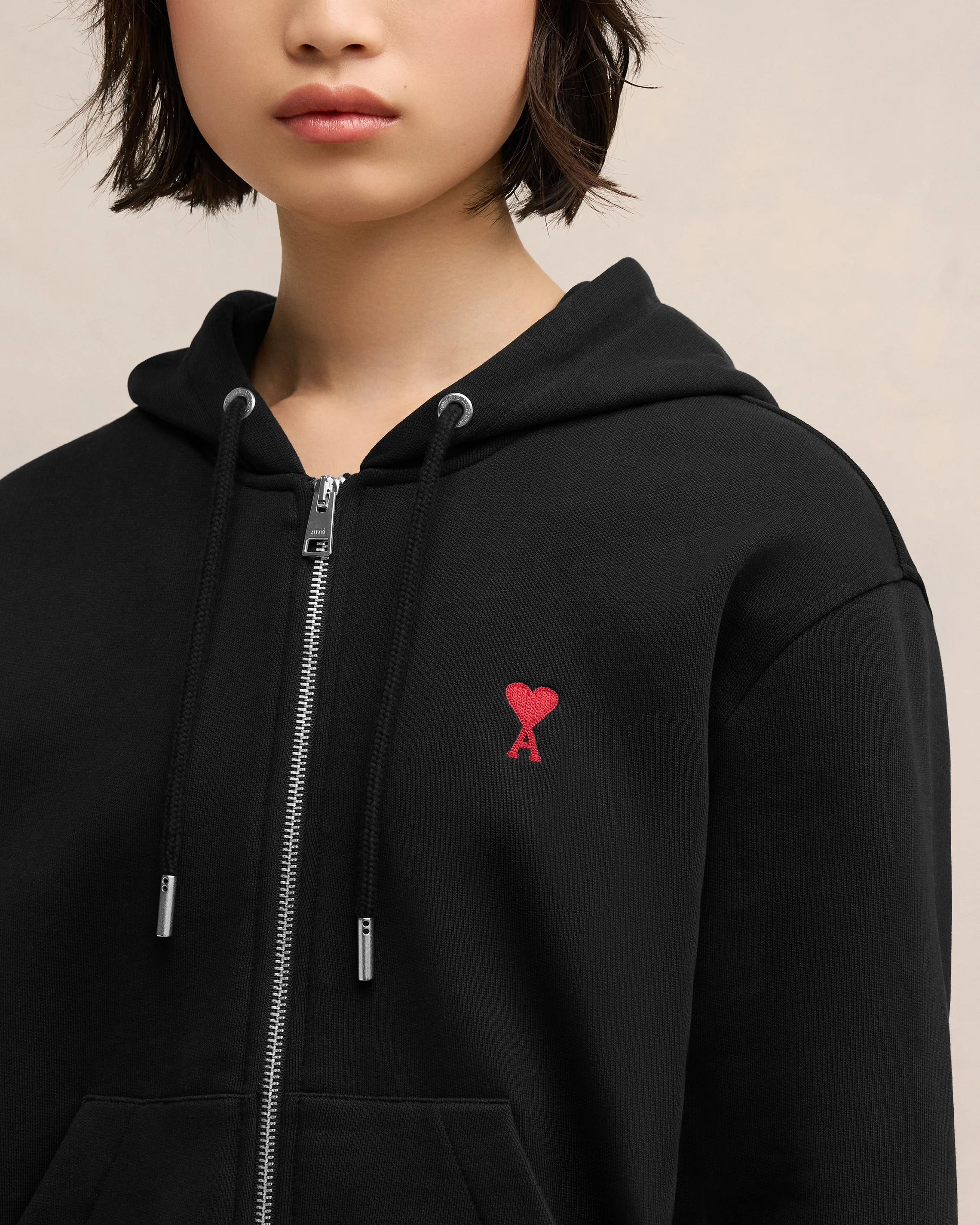 Black Cotton Ami de Coeur Zipped Hoodie
