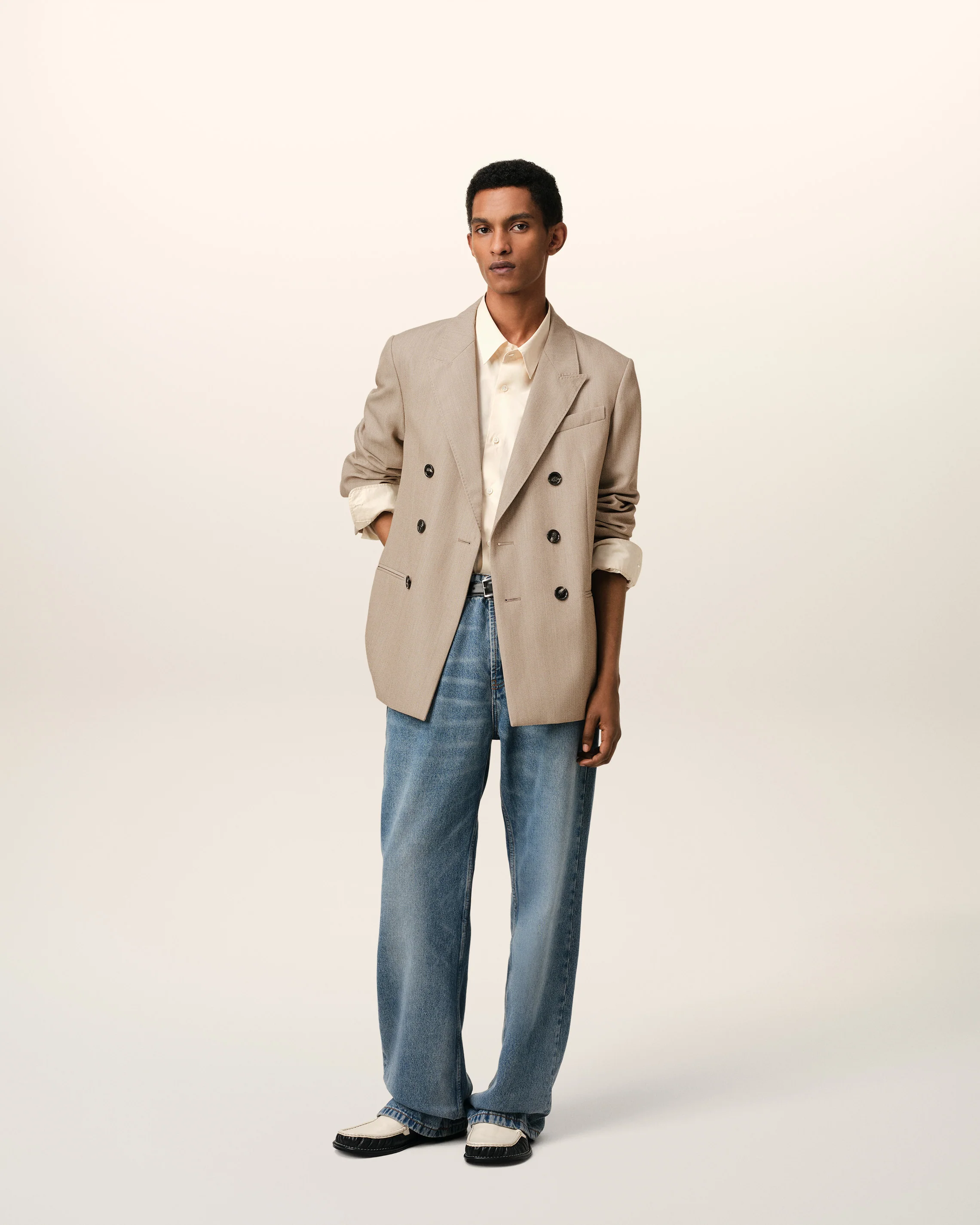 Beige Wool Back Slit Double Breasted Jacket