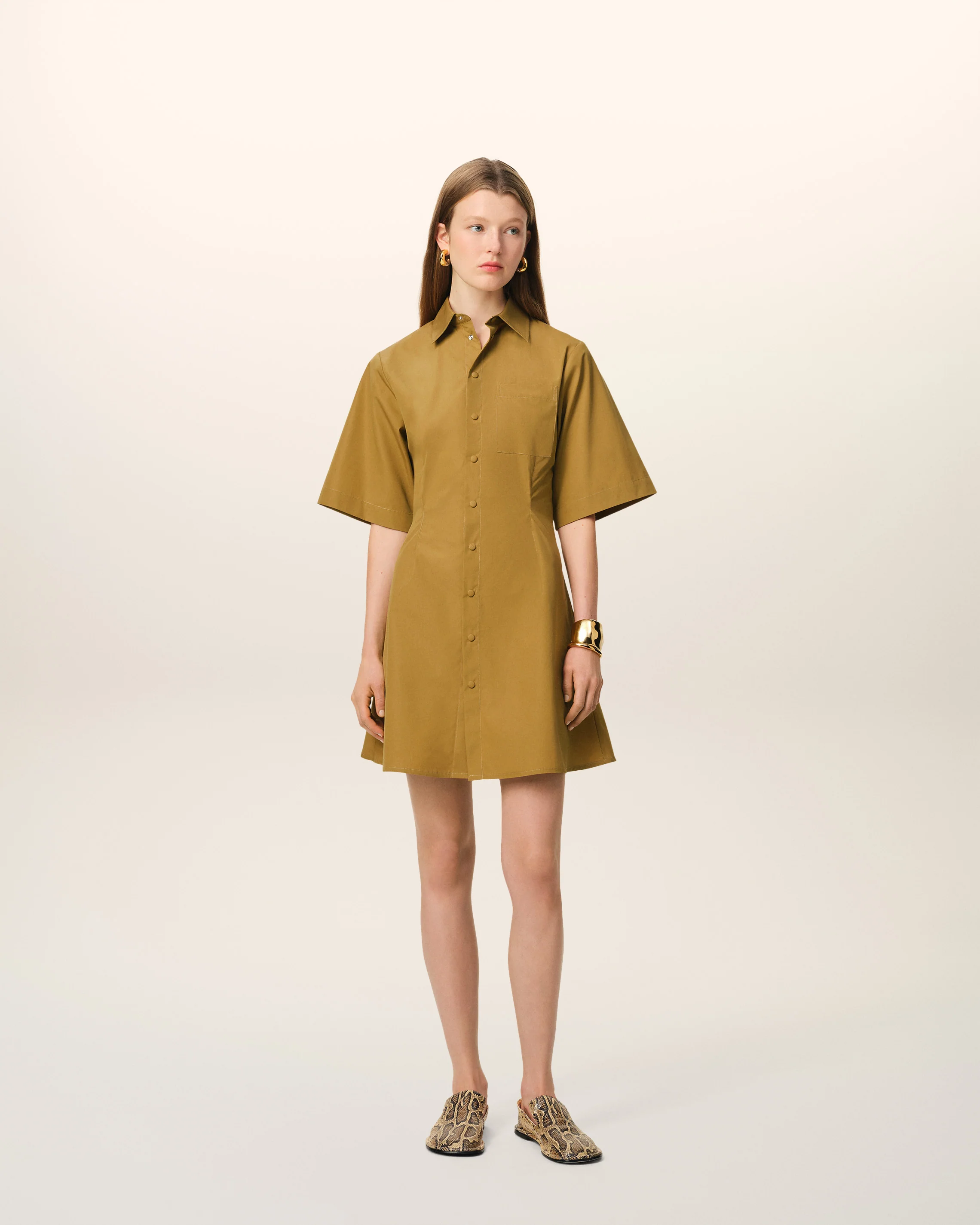 Mustard Cotton Short Sleeve Shirt Dress