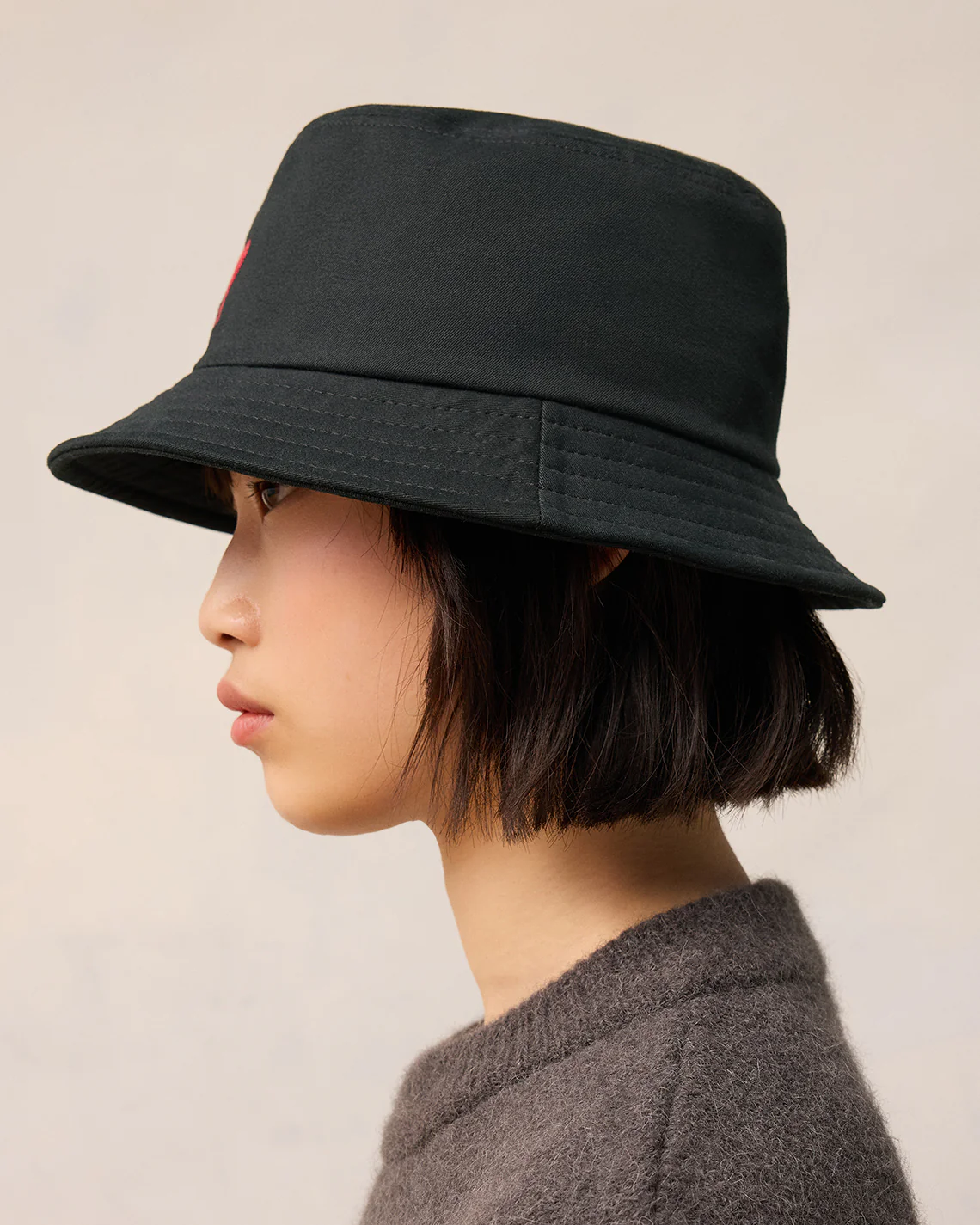 Black Cotton Ami de Coeur Embroidery Bucket Hat