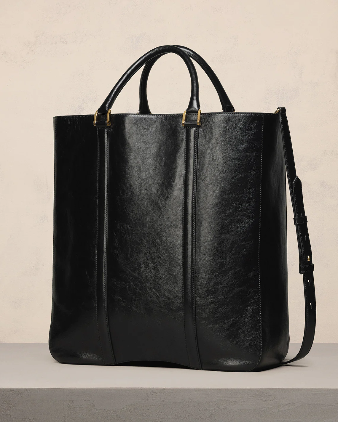 Black Leather North South Tote Bag