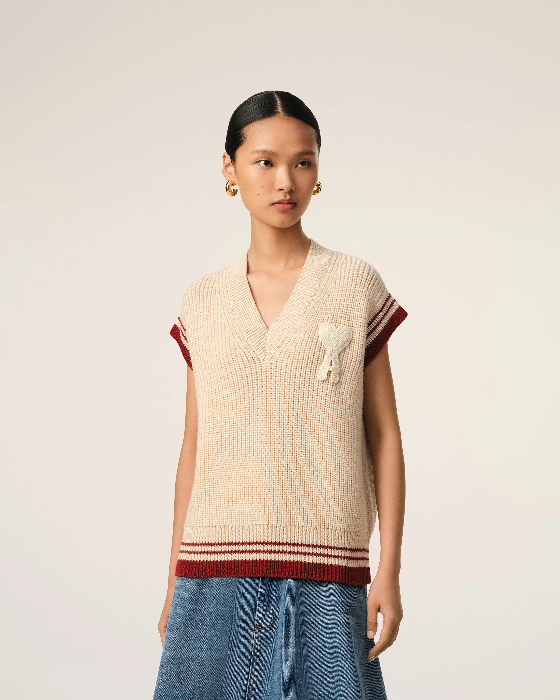 Beige Wool Ribbed Sleeveless V Neck Sweater