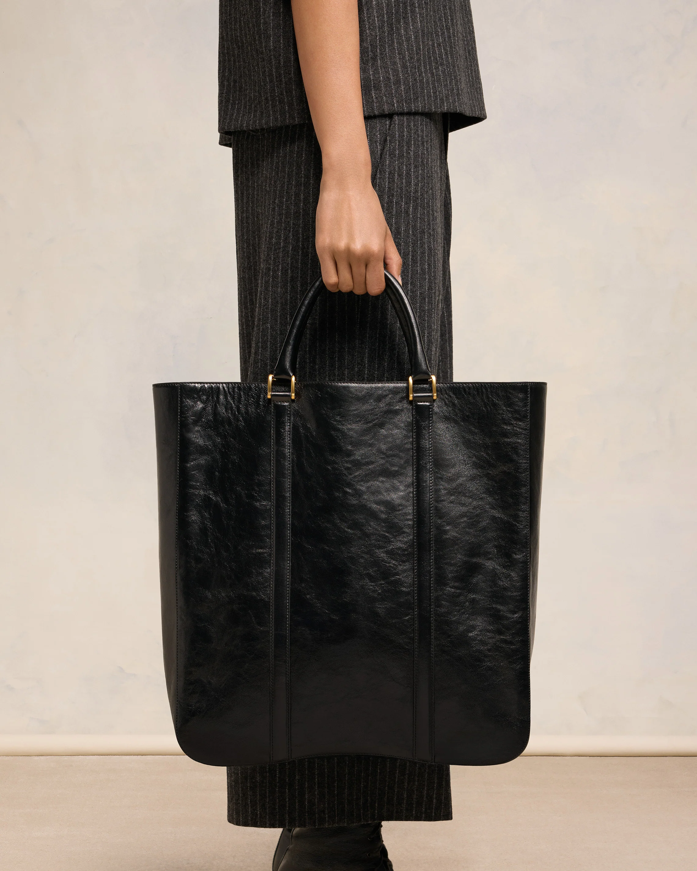 Black Leather North South Tote Bag