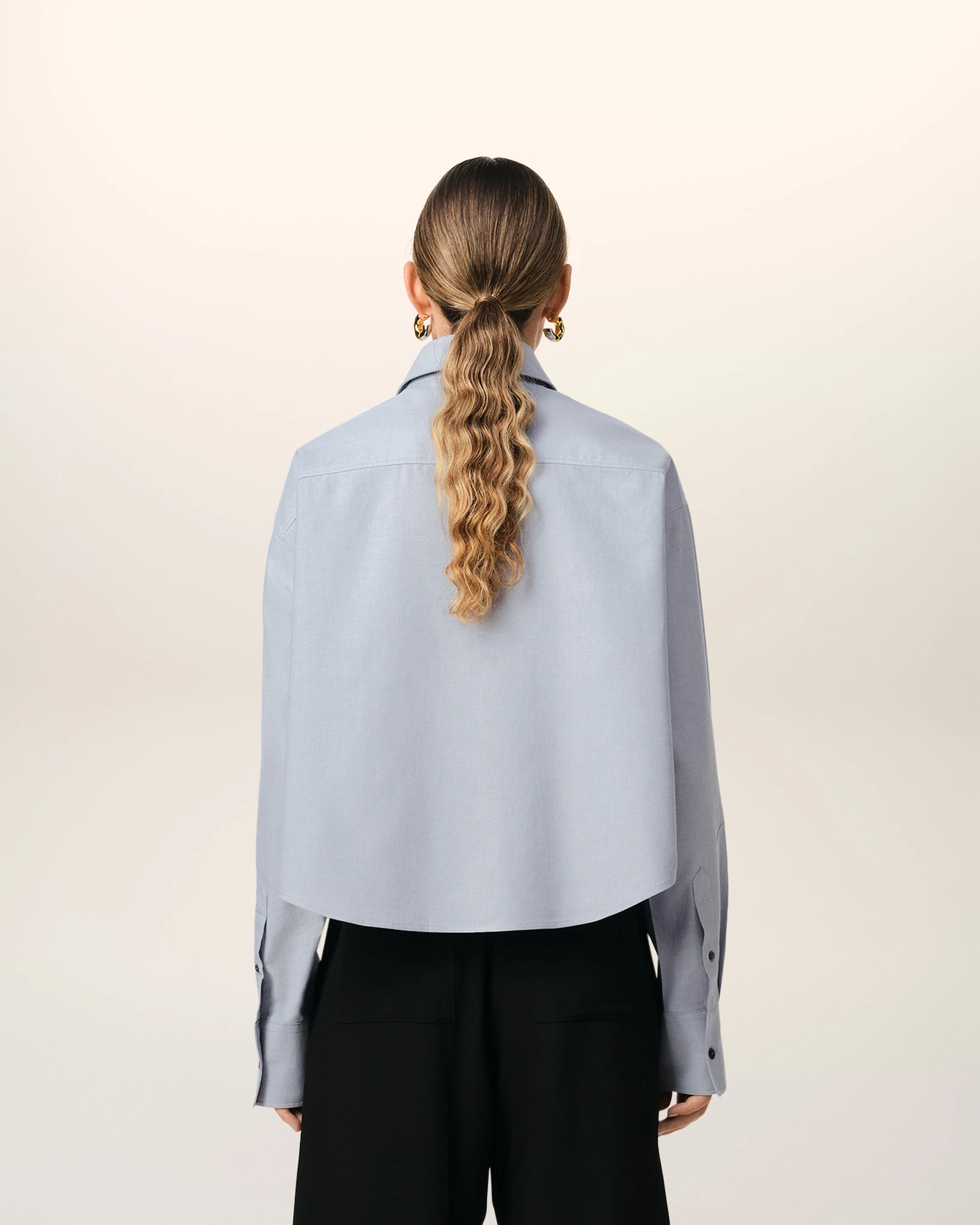 Blue Cotton Button-Down Cropped Oversized Shirt