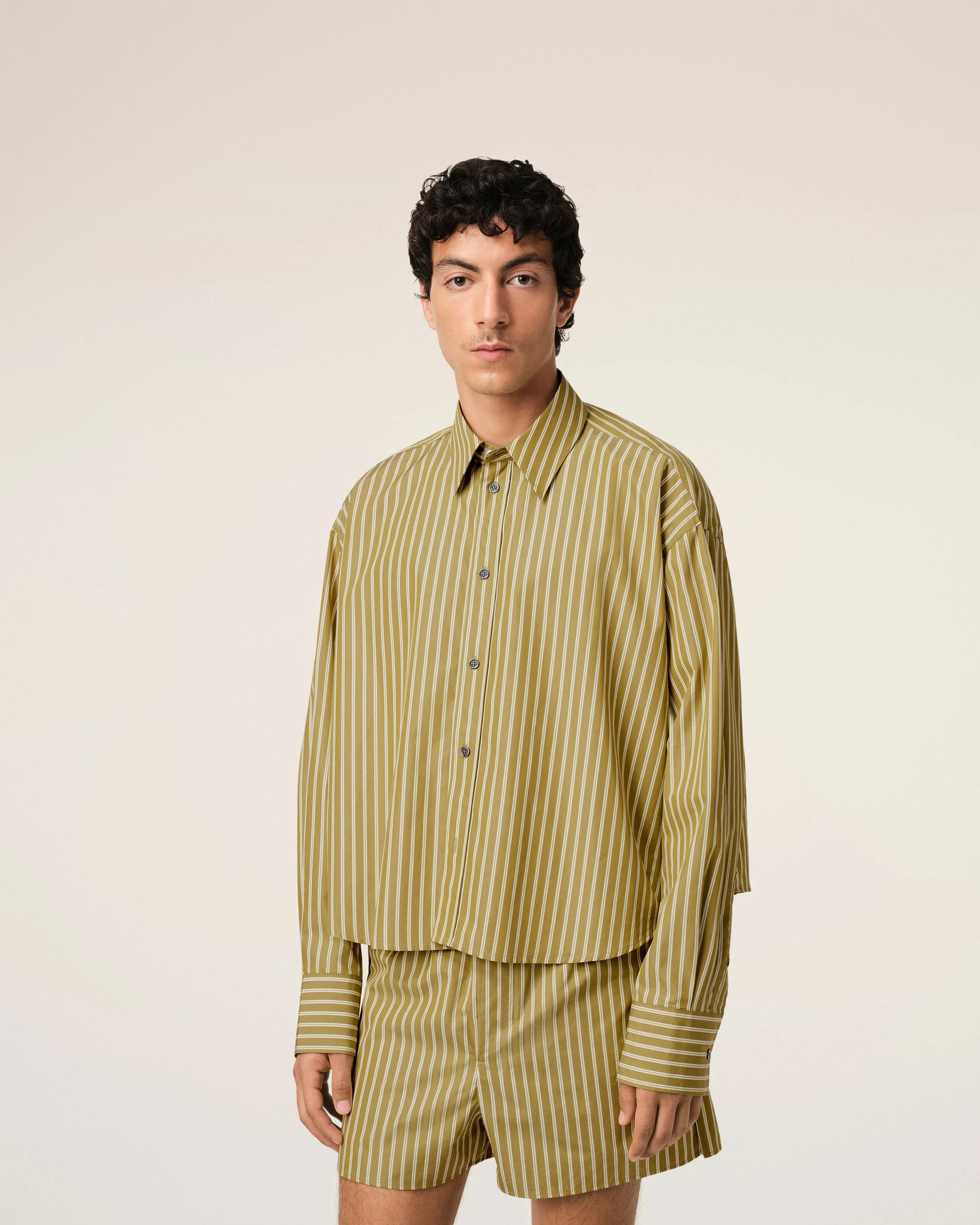 Khaki Cotton Cropped Oversized Shirt