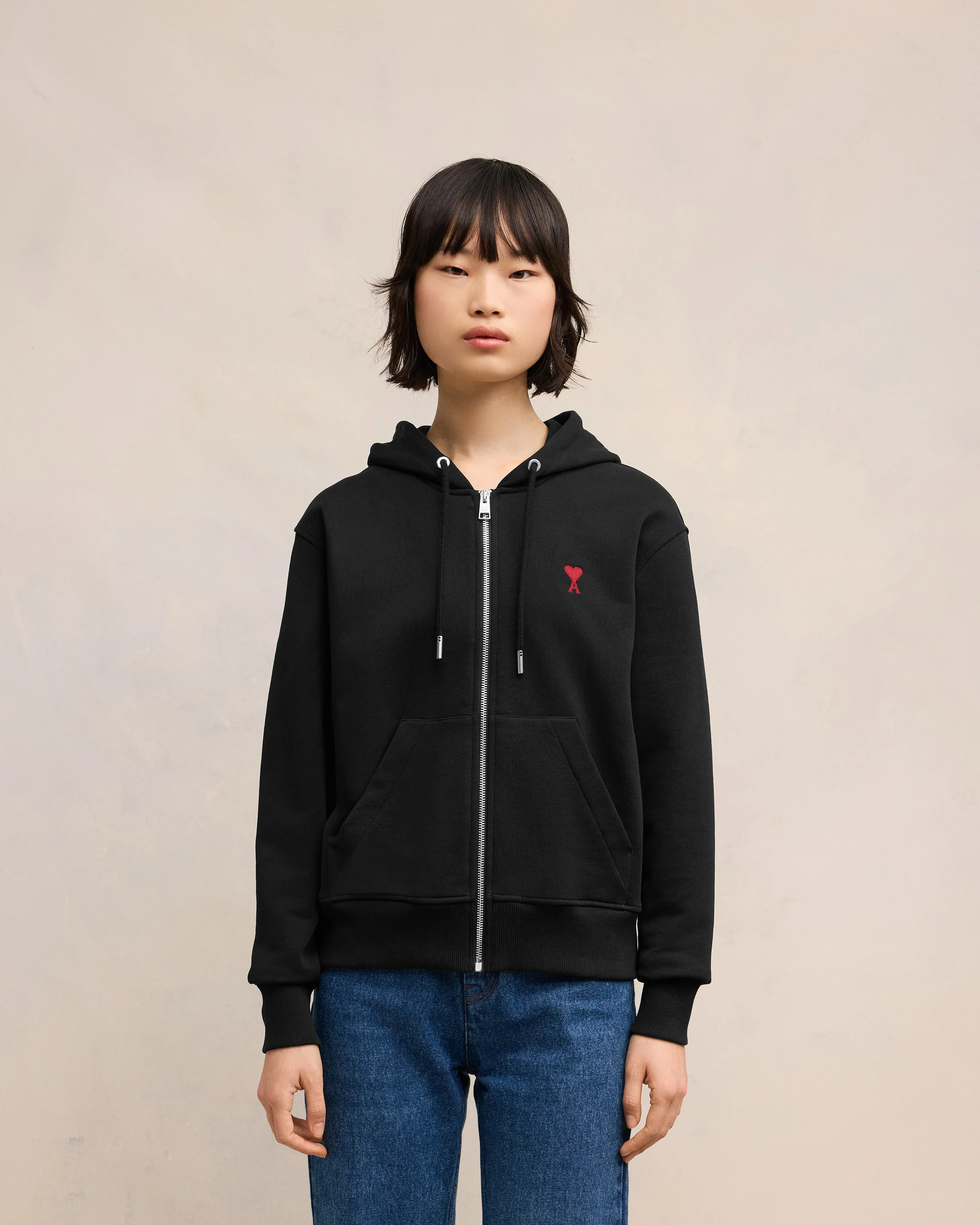 Black Cotton Ami de Coeur Zipped Hoodie