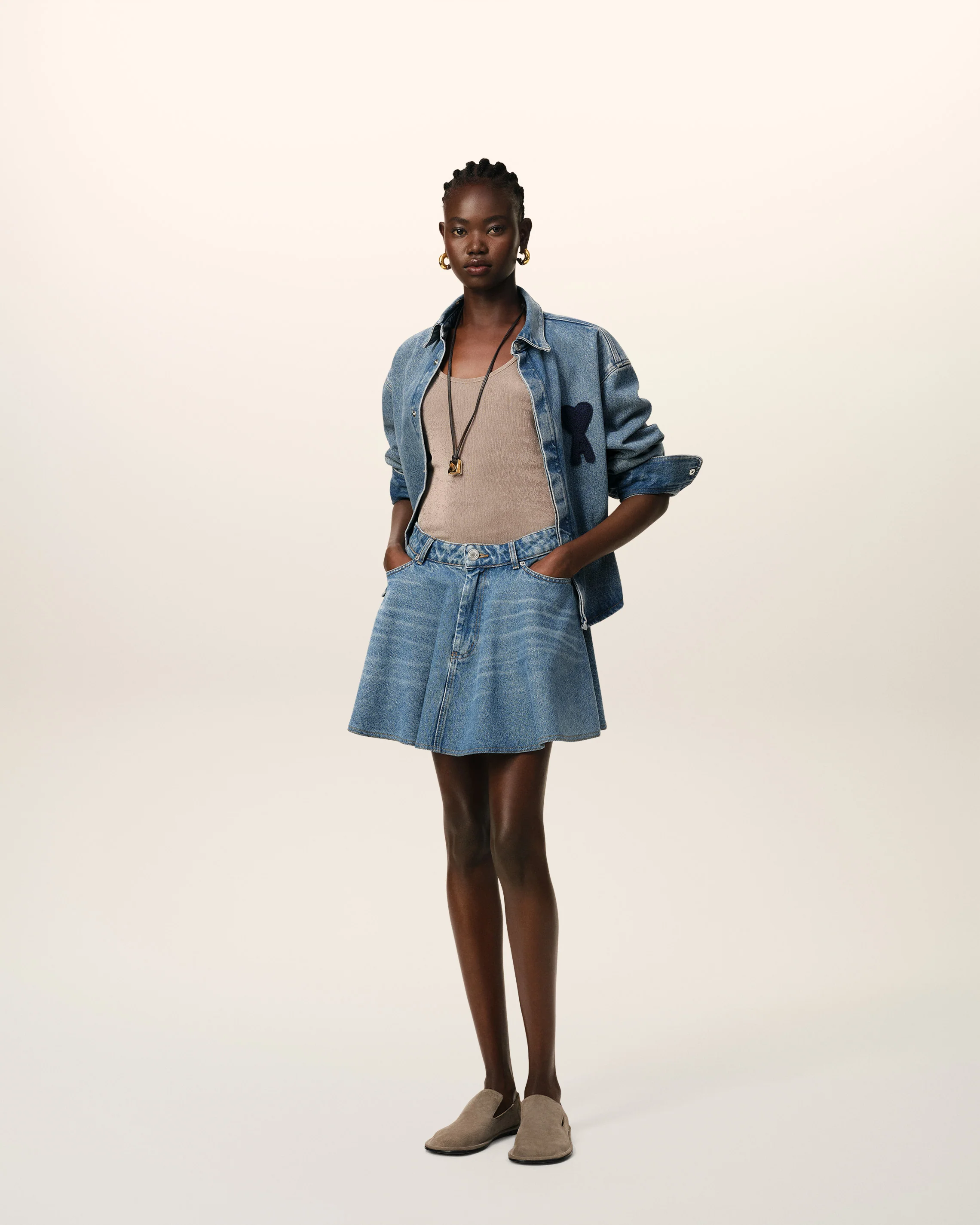 Blue Cotton Flare Mini Skirt