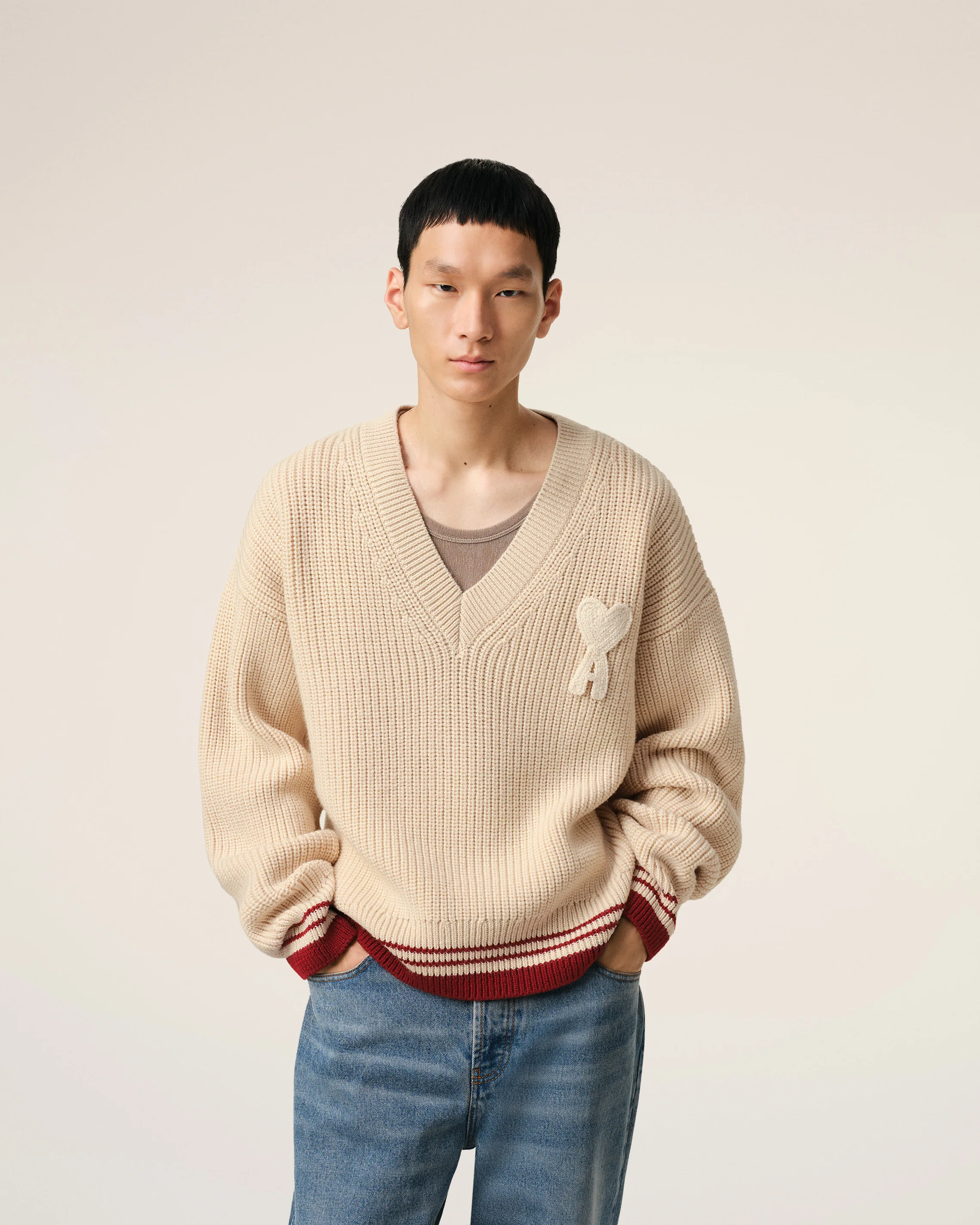 Beige Wool Ribbed V Neck Sweater