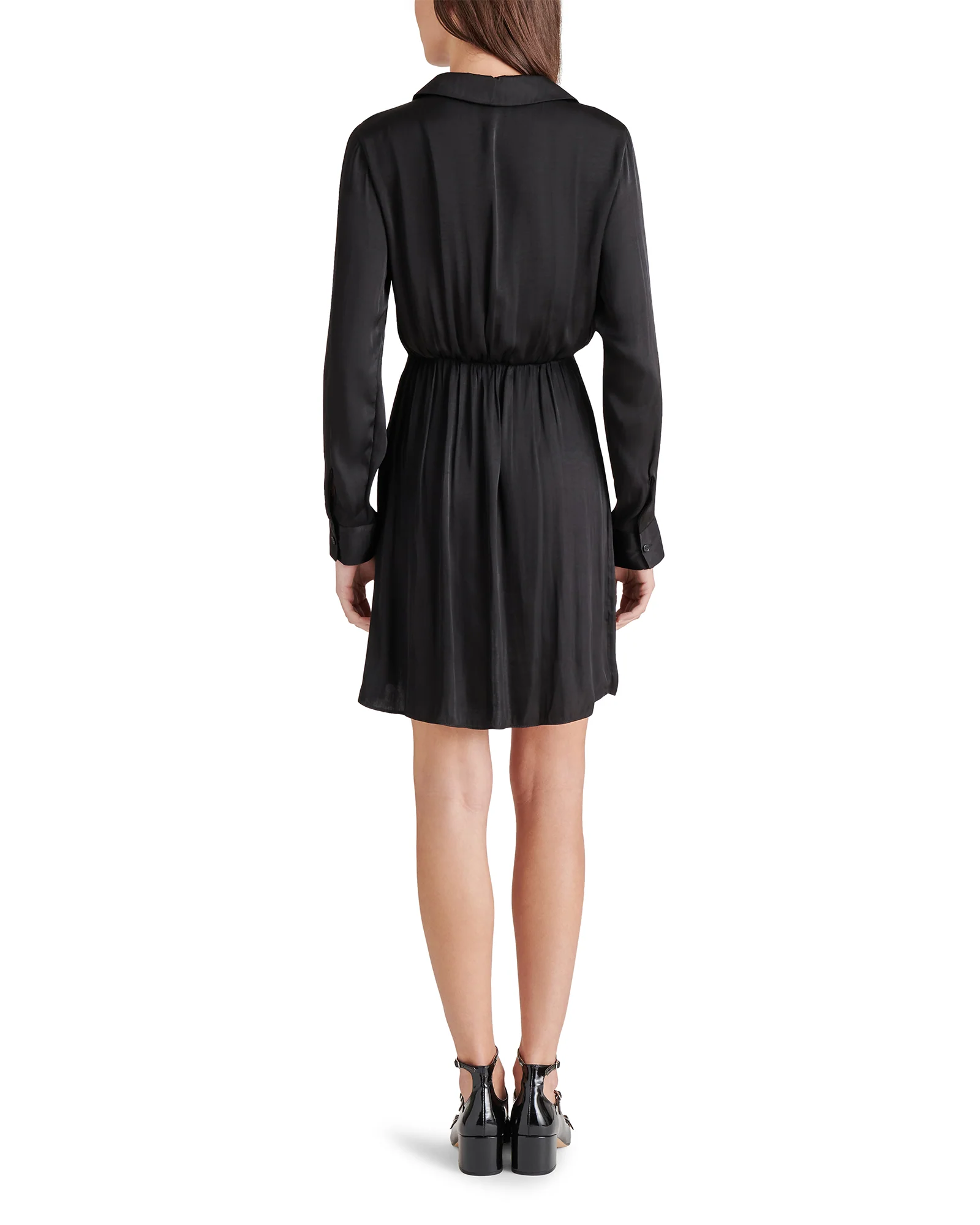 WASHED SATIN FAUX WRAP DRESS BLACK