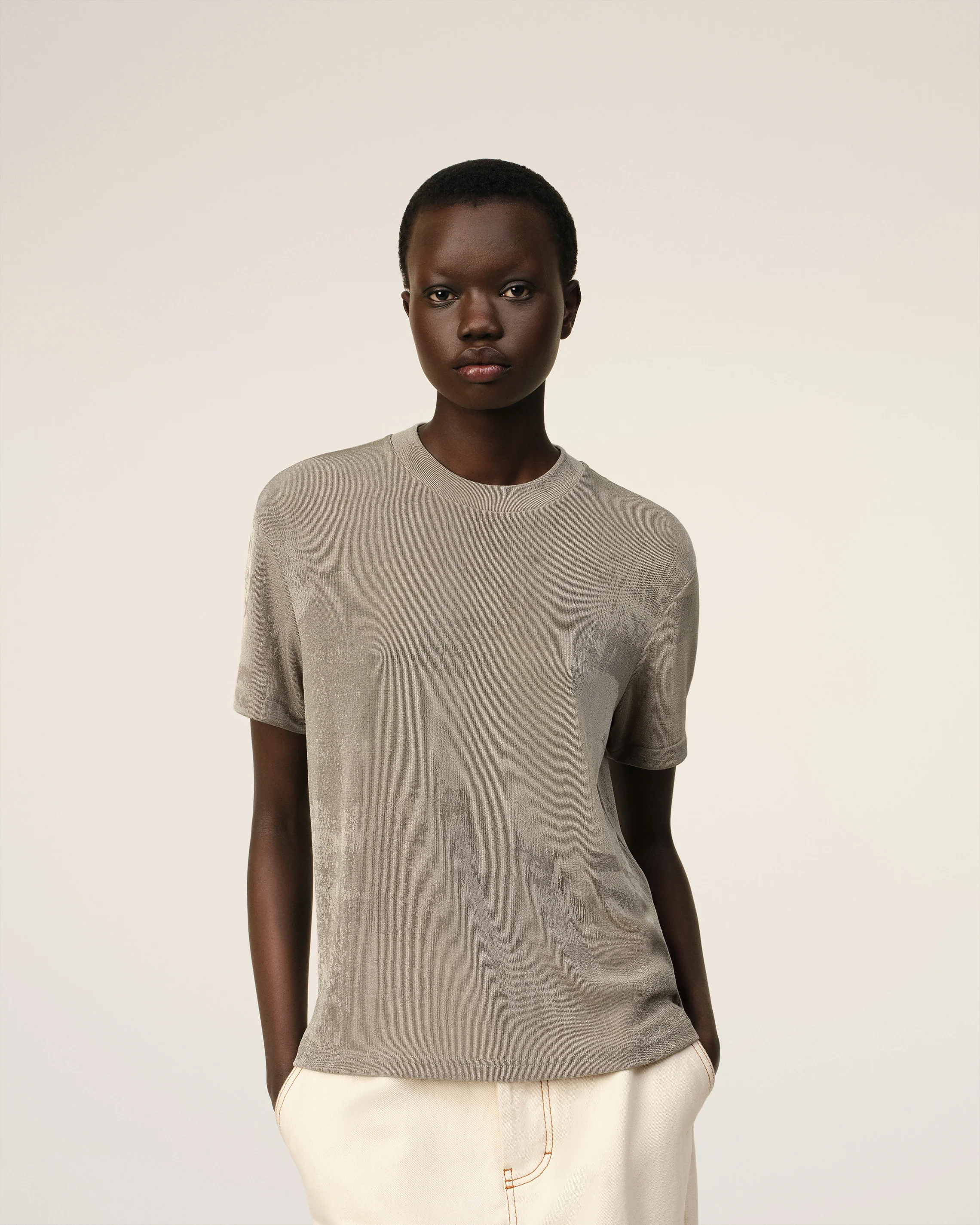 Beige Shiny Jersey Short Sleeve T-Shirt