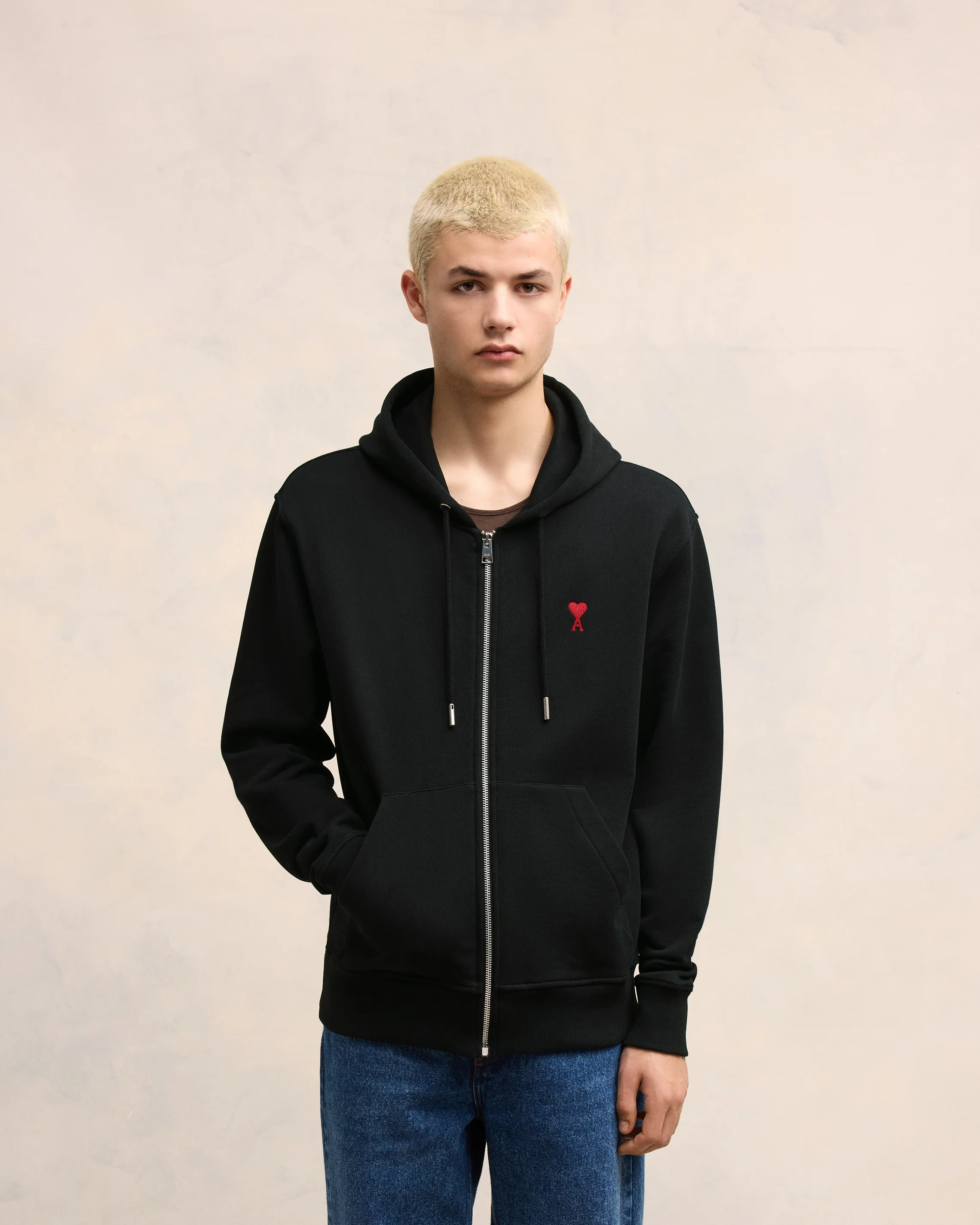 Black Cotton Ami de Coeur Zipped Hoodie
