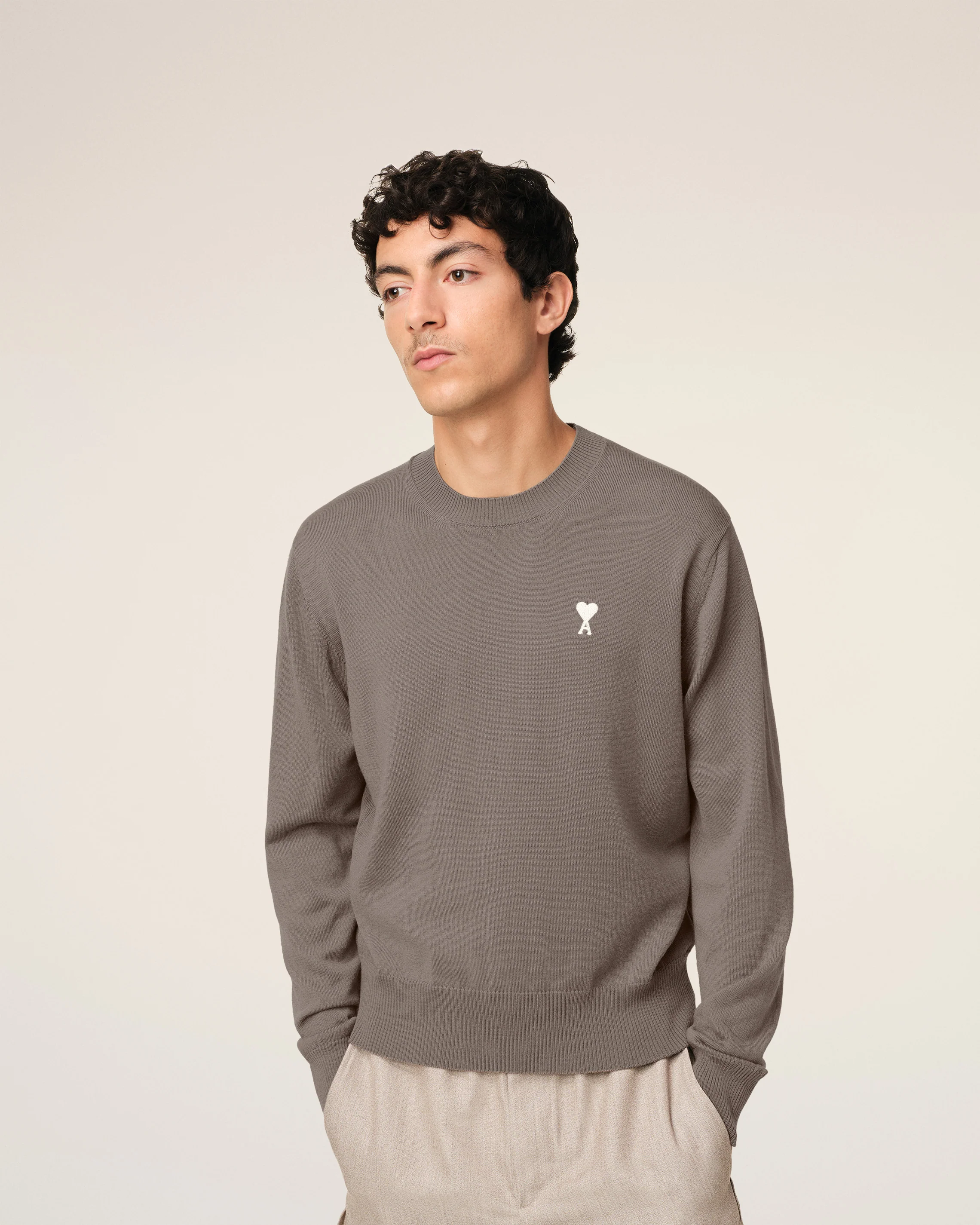Beige Wool Ami de Coeur Crew Neck Sweater