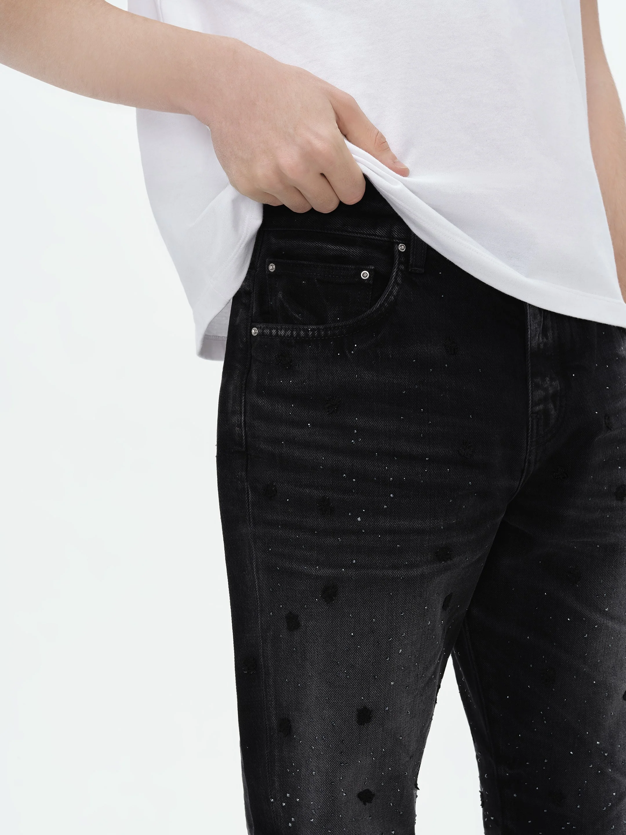 FLORAL CRYSTAL STRAIGHT JEAN - Faded Black