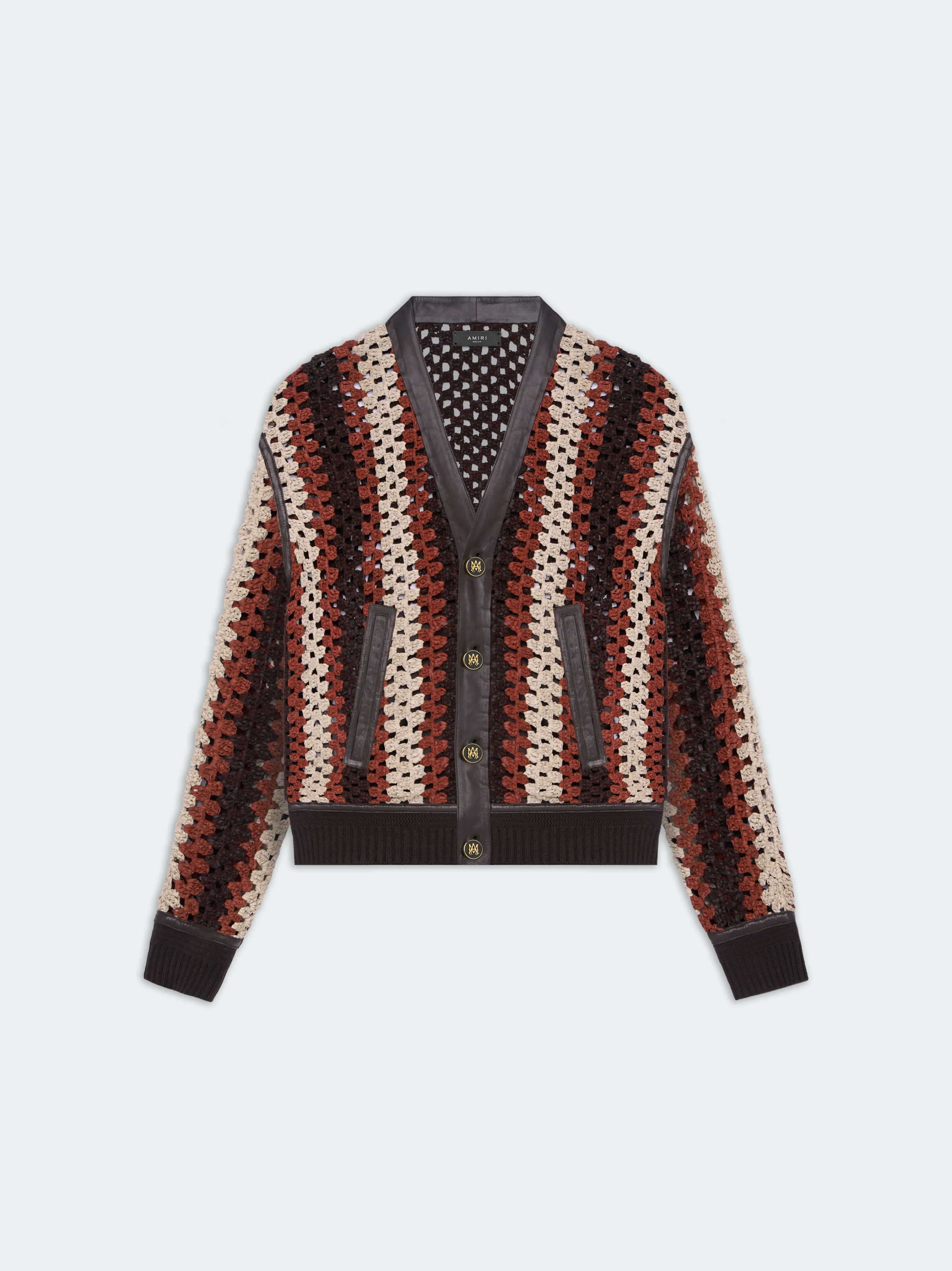 CROCHET KNIT LEATHER CARDIGAN - Shaved Chocolate