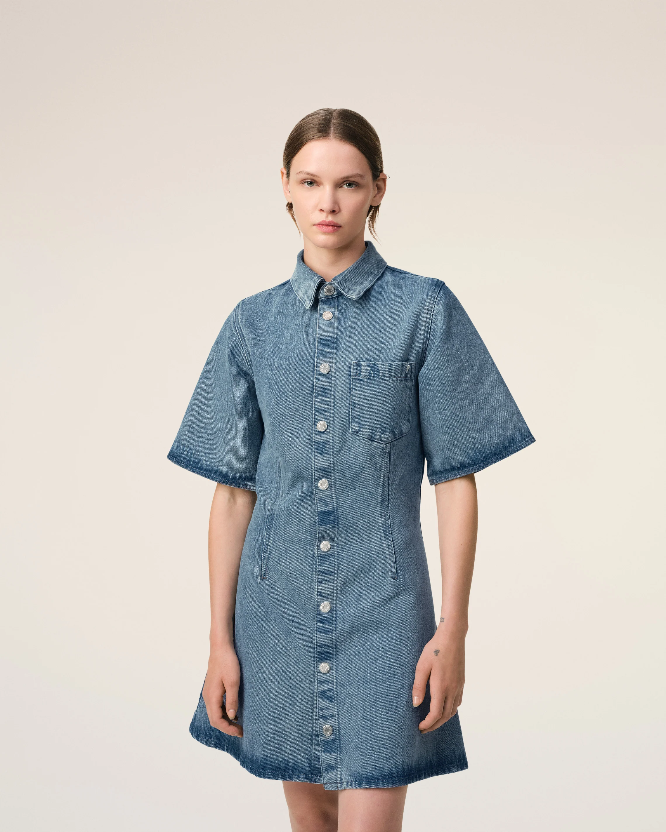 Blue Cotton Short Sleeve Shirt Dress