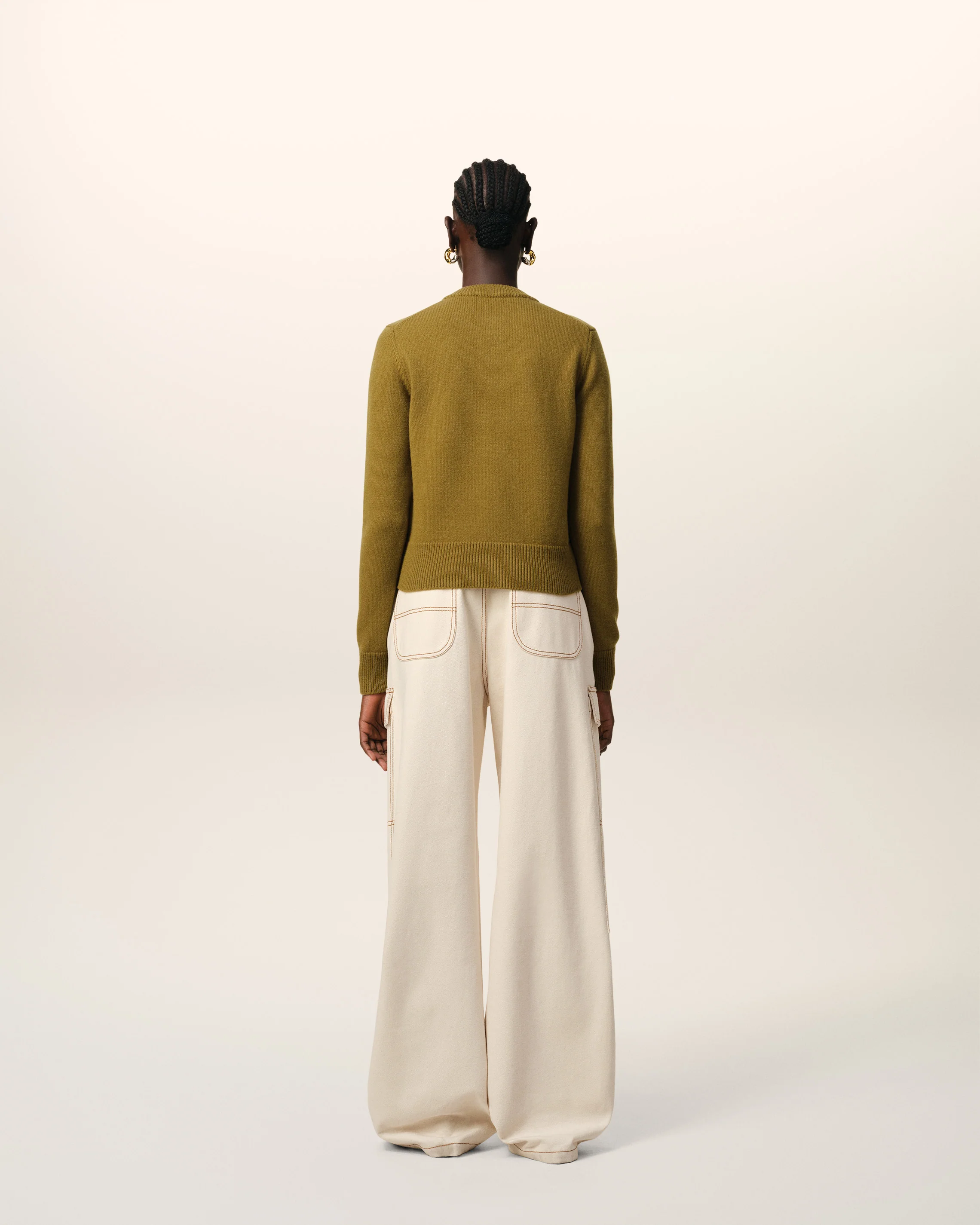 Khaki Wool Knit Ami de Coeur Crewneck Cardigan