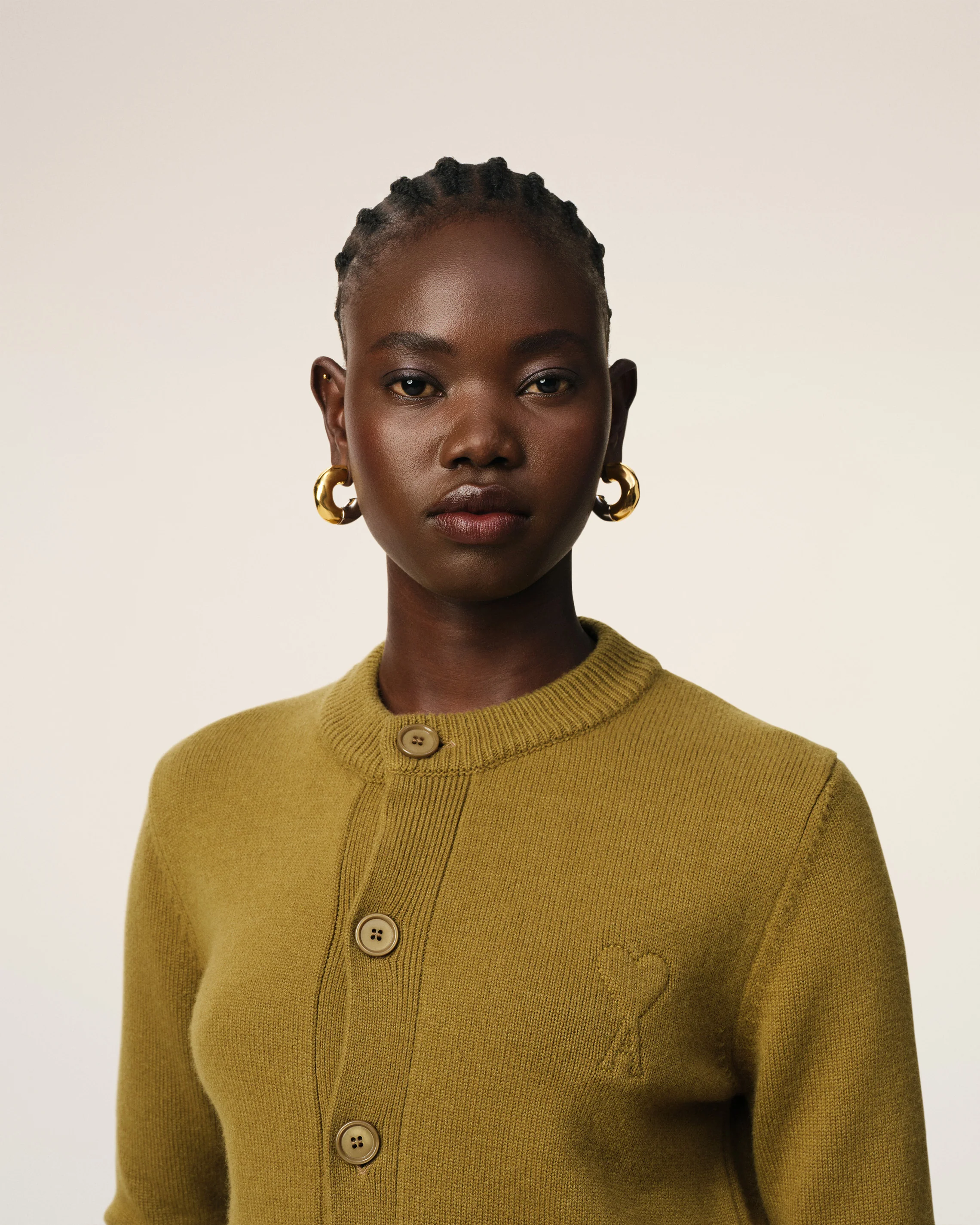 Khaki Wool Knit Ami de Coeur Crewneck Cardigan