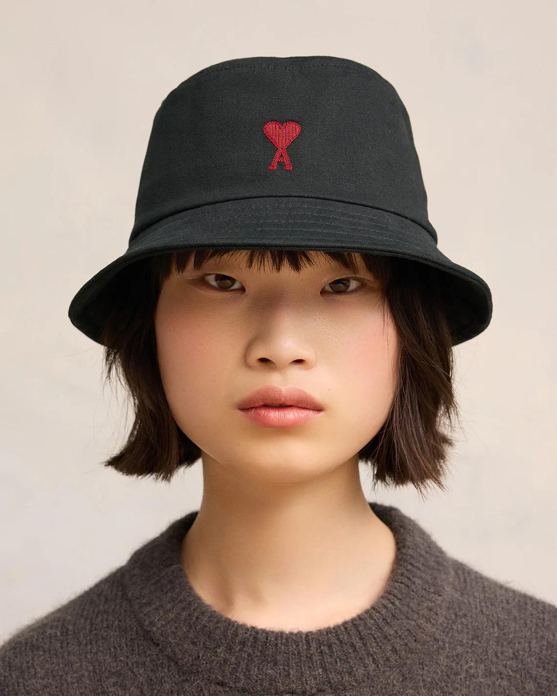 Black Cotton Ami de Coeur Embroidery Bucket Hat