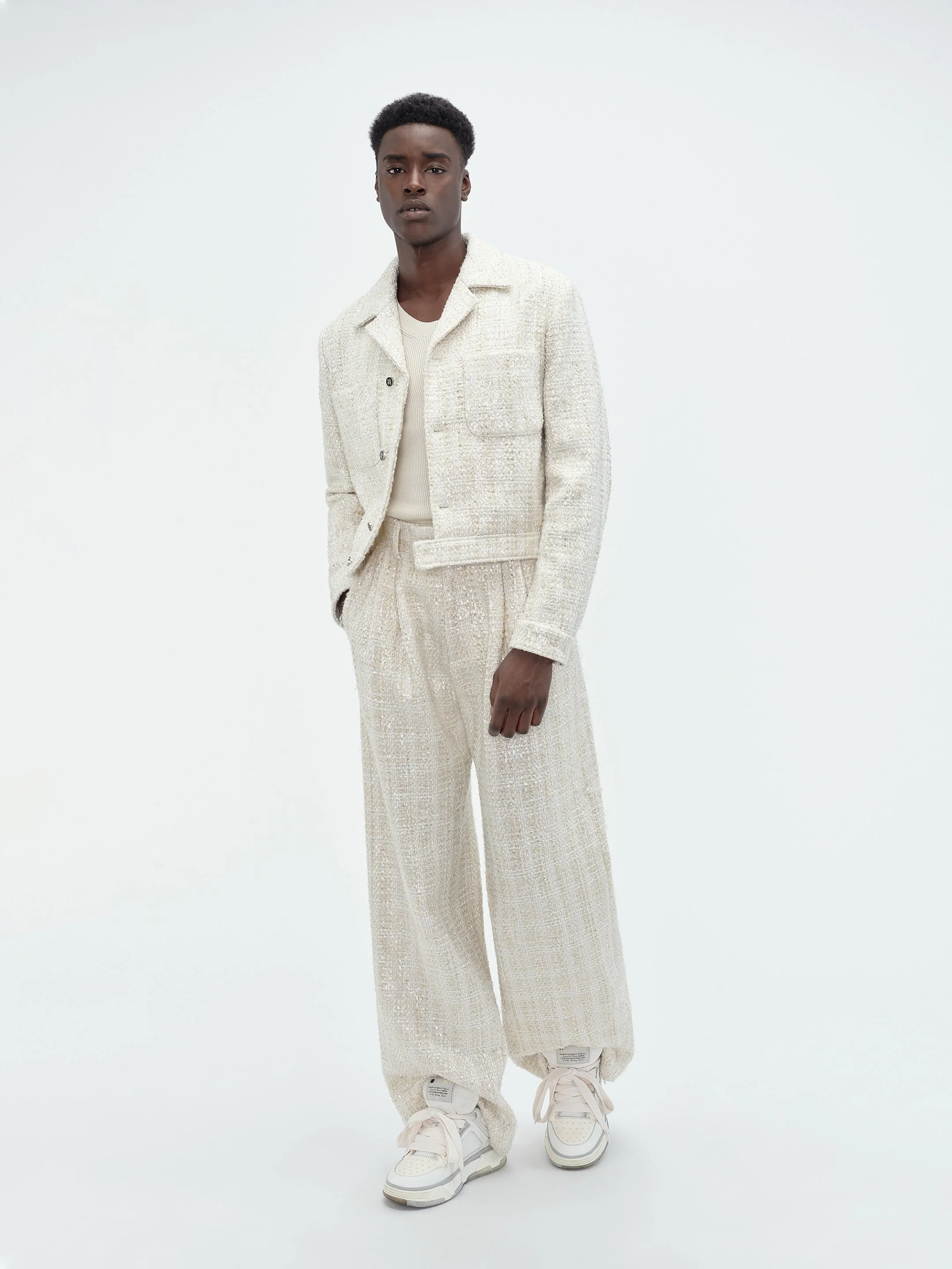 SEQUIN BOUCLE DOUBLE PLEATED PANT - Alabaster