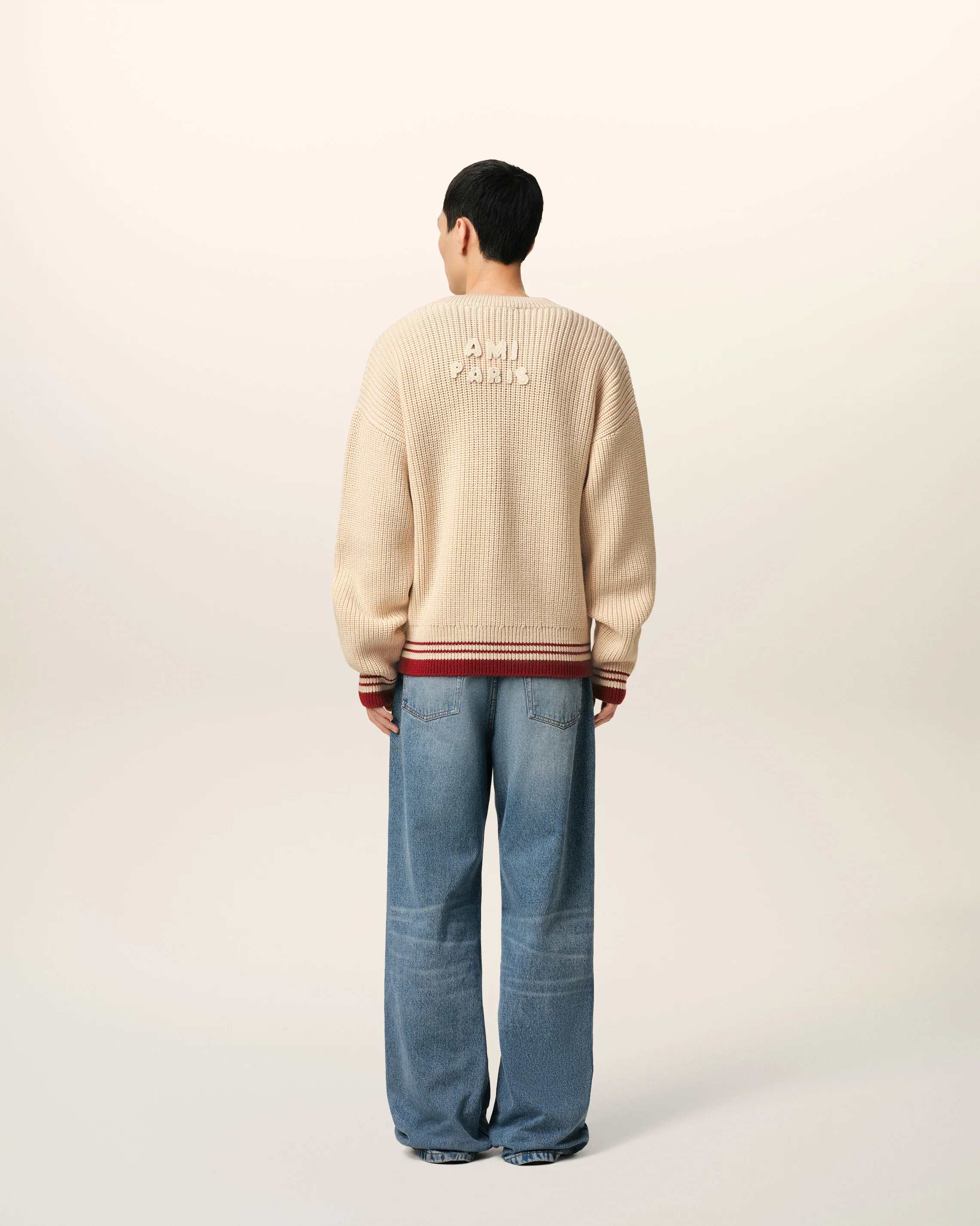 Beige Wool Ribbed V Neck Sweater