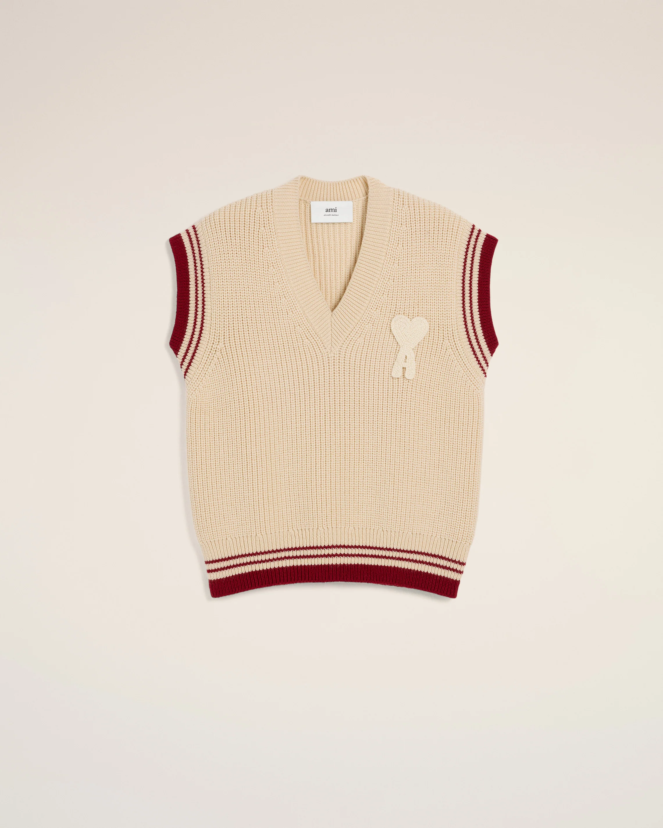 Beige Wool Ribbed Sleeveless V Neck Sweater