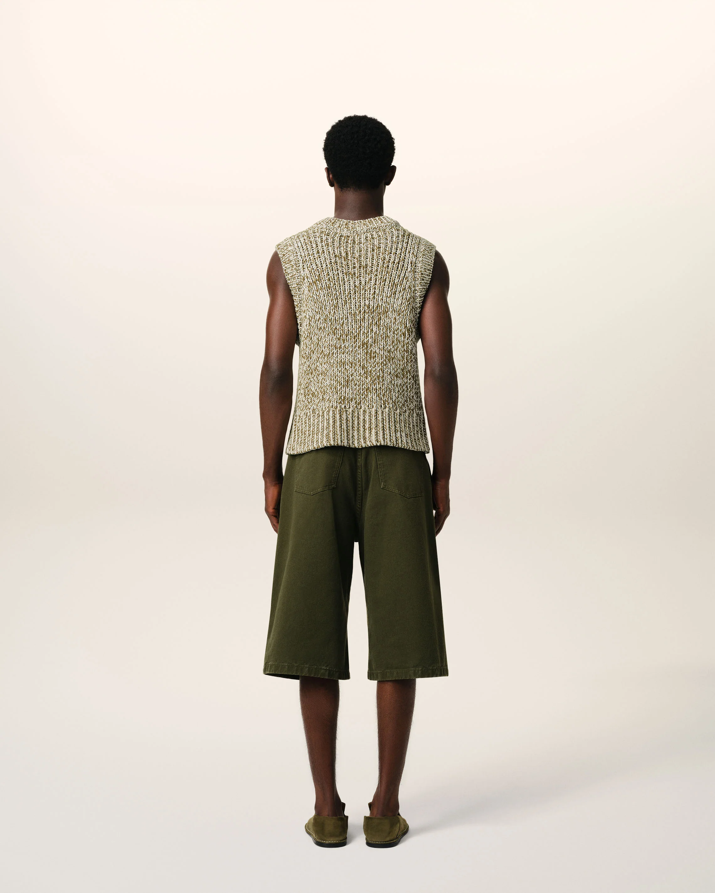 Green Cotton And Wool Sleeveless V Neck Sweater