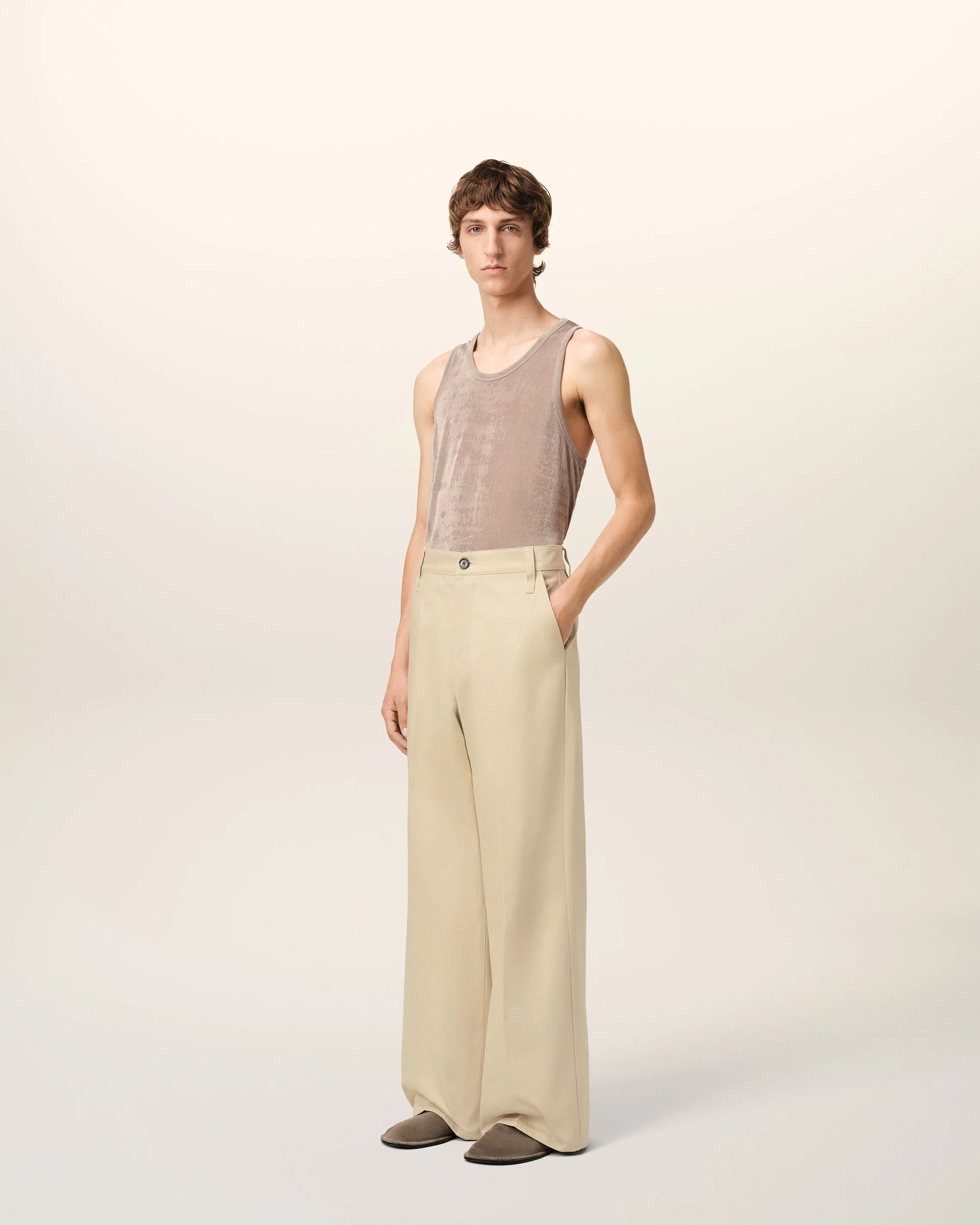 Beige Cotton Baggy Fit Trousers