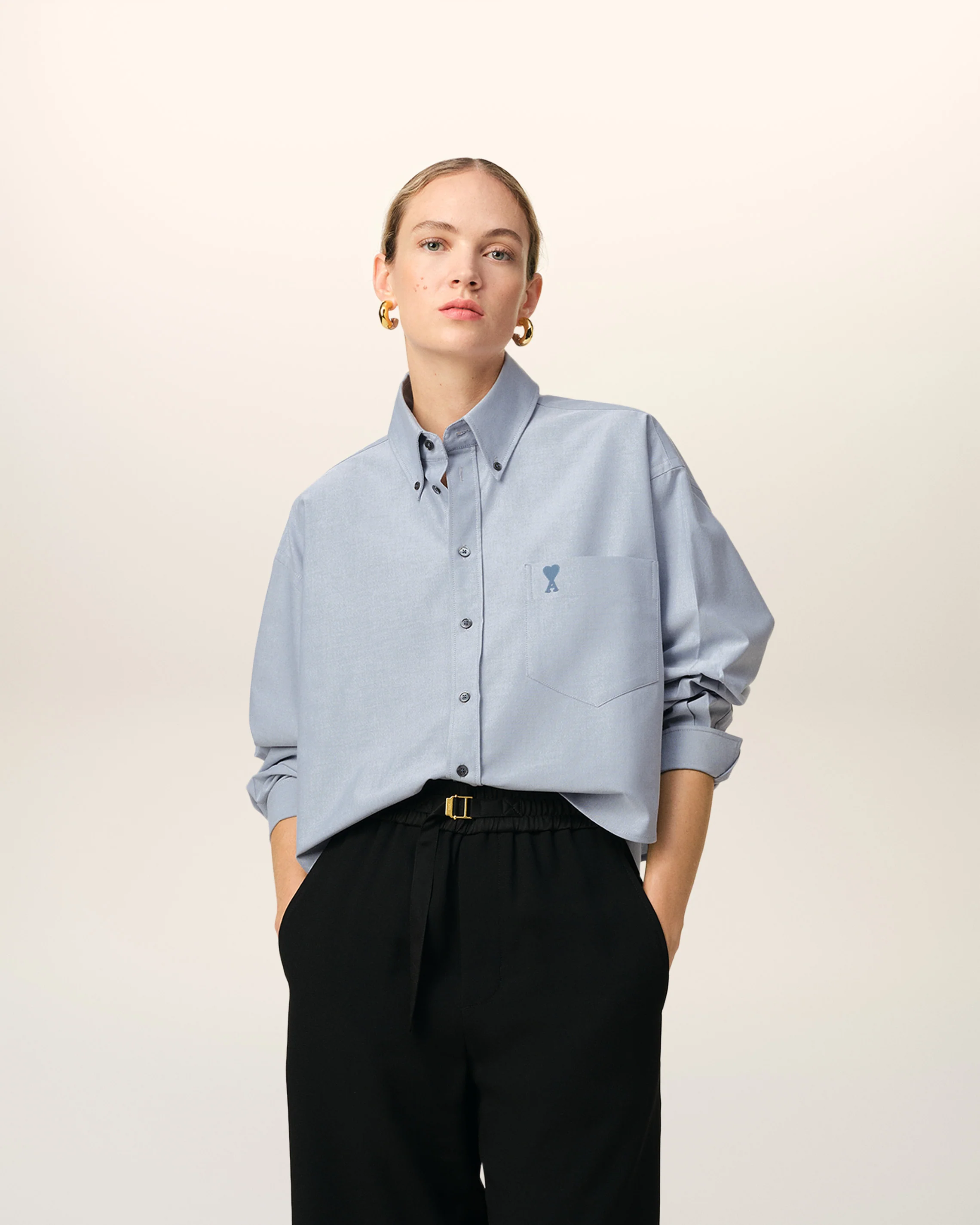 Blue Cotton Button-Down Cropped Oversized Shirt