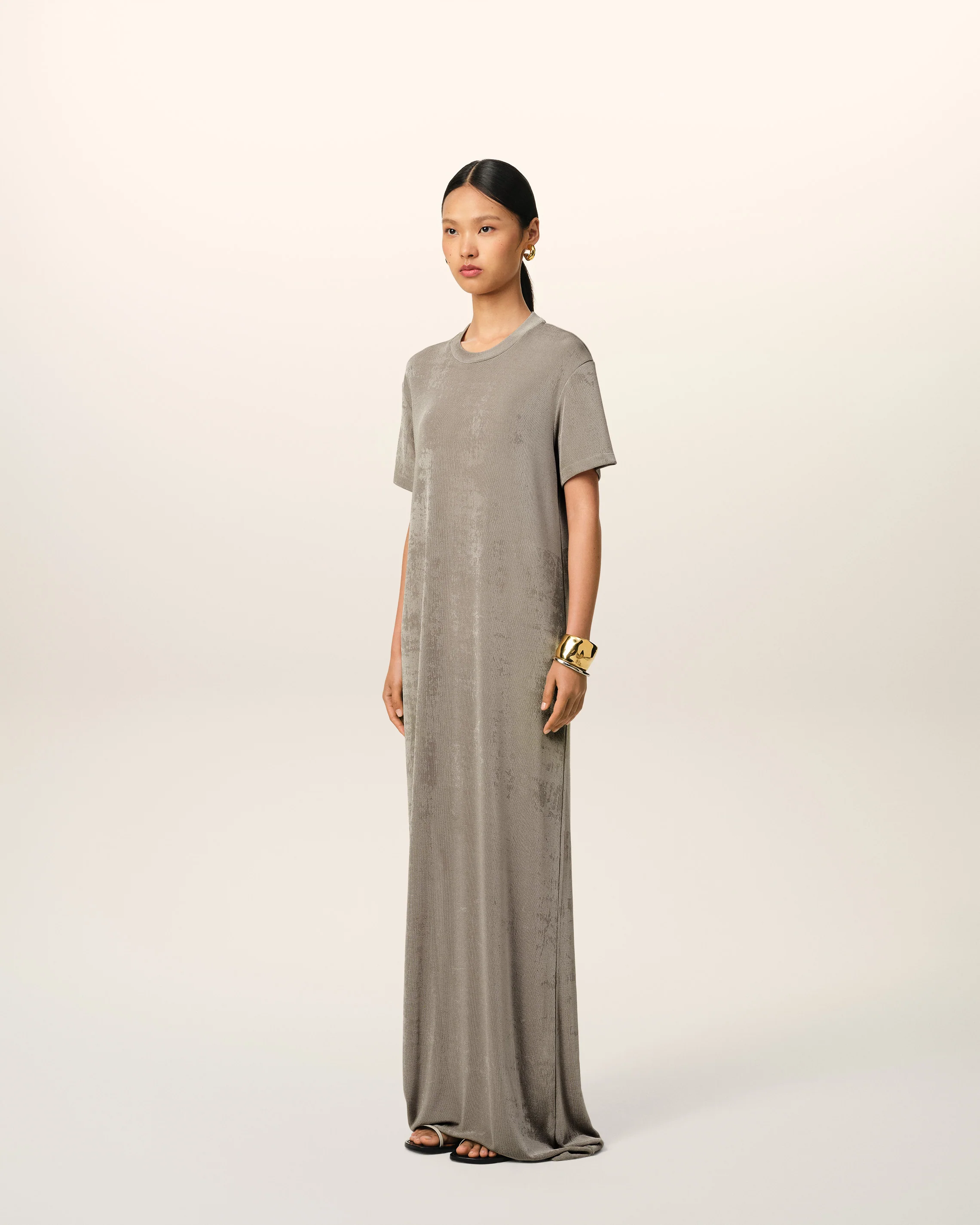 Beige Rib Jersey Short Sleeve Long Dress