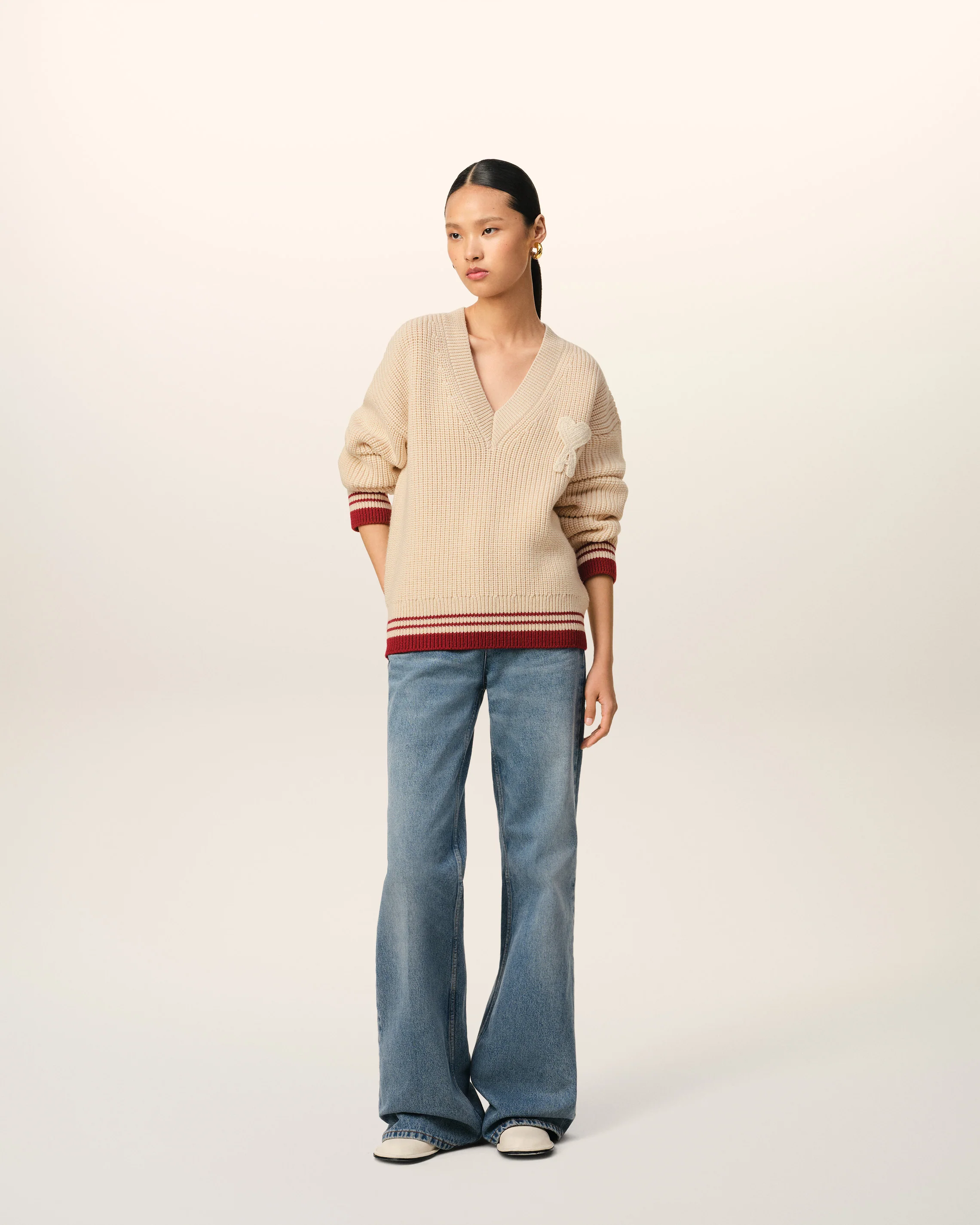 Beige Wool Ribbed V Neck Sweater