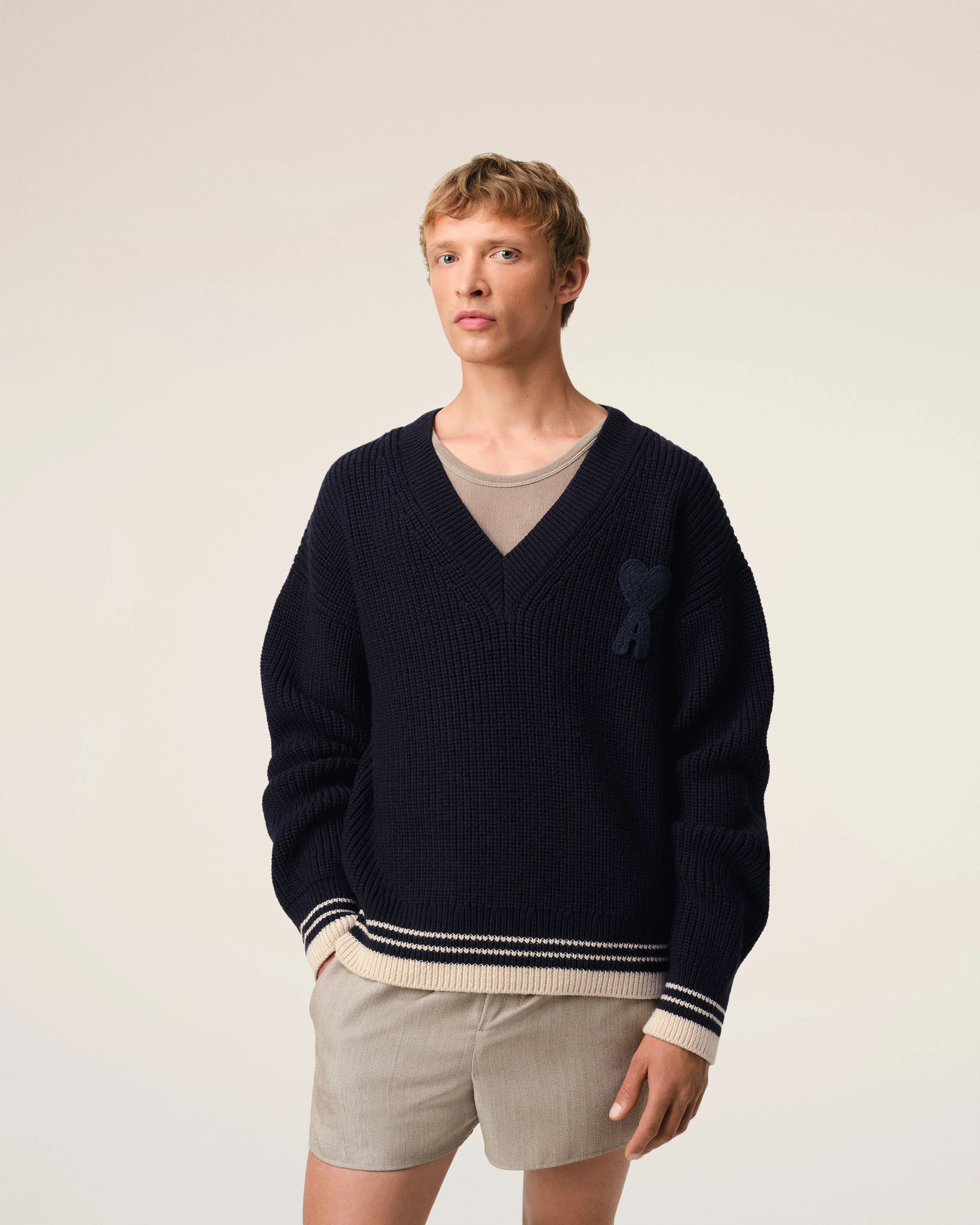 Navy Wool Ribbed V Neck Sweater
