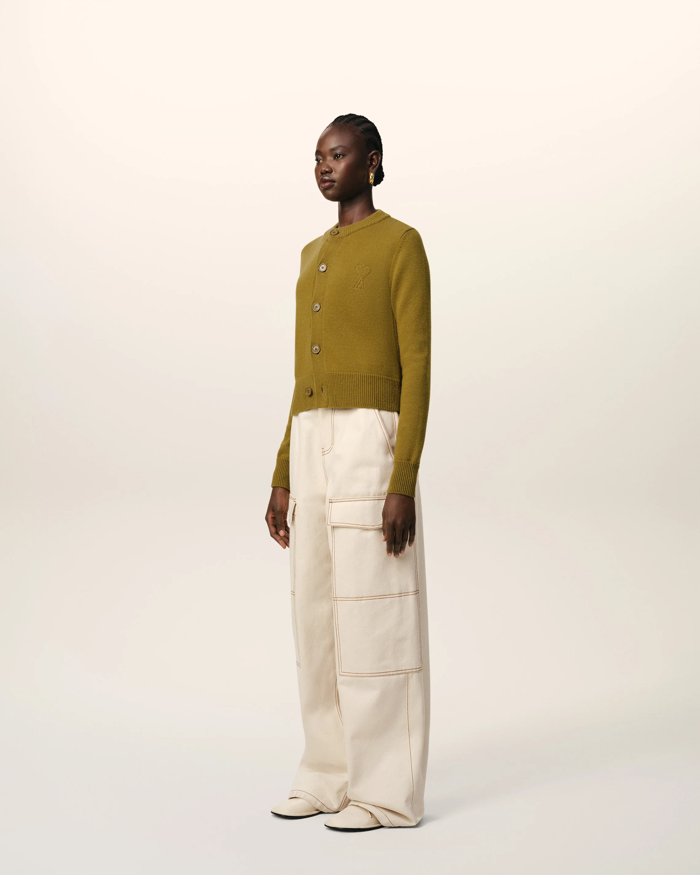 Khaki Wool Knit Ami de Coeur Crewneck Cardigan