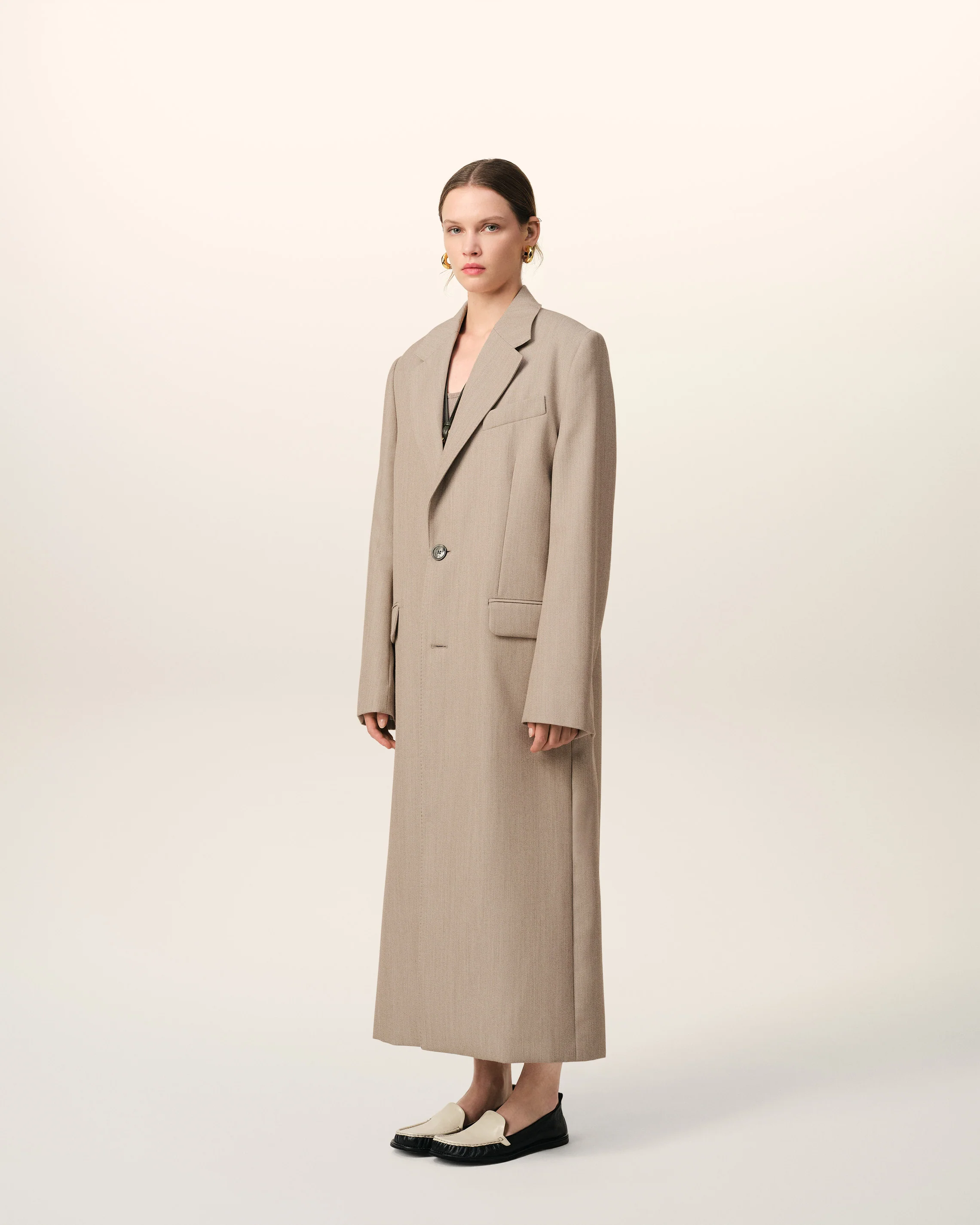 Beige Wool Back Slit Long Coat